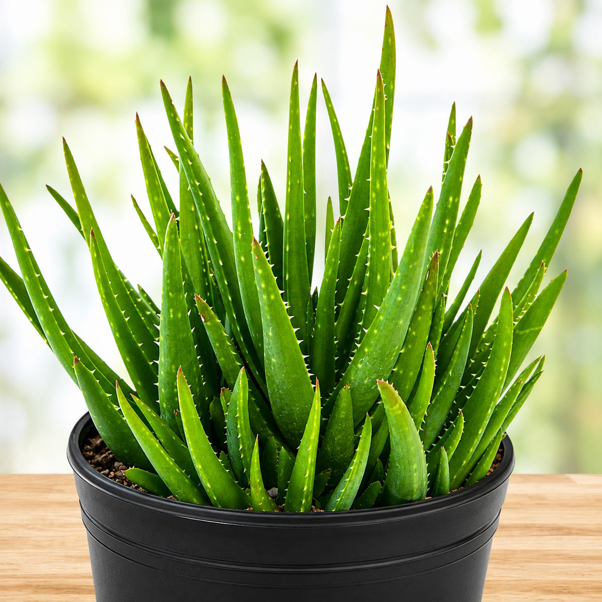 A potted aloe vera plant with upright, thick green leaves in a black plastic pot, placed on a light wooden surface with a soft, blurred green background.
