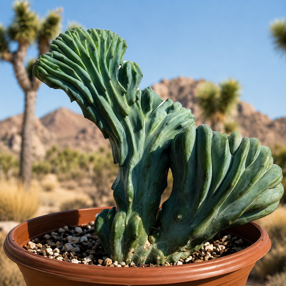 Crested Blue Flame Cactus live plant with fan-shaped blue-green crested growth.