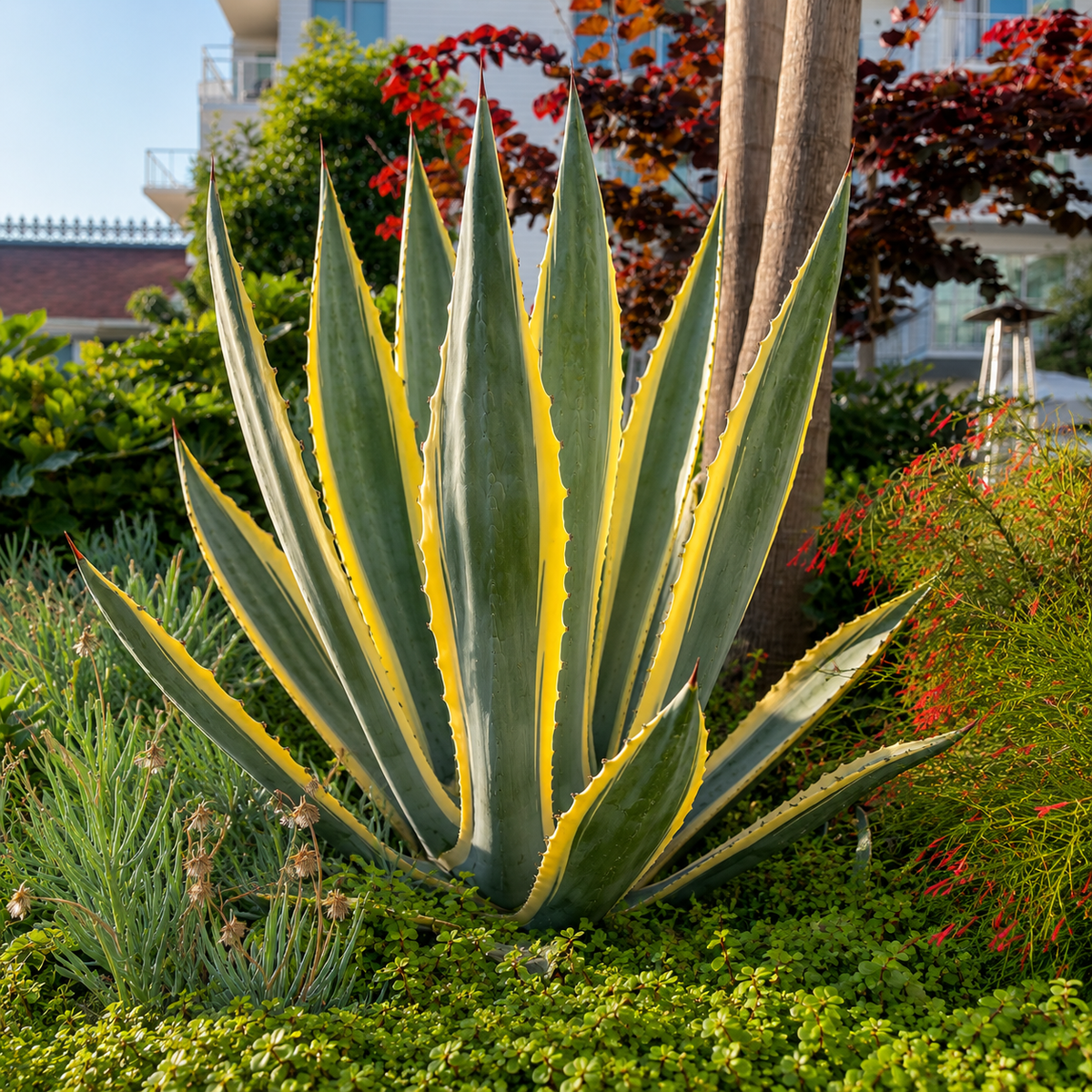 Variegated Century Plant live specimen with sweeping green leaves bordered in yellow.