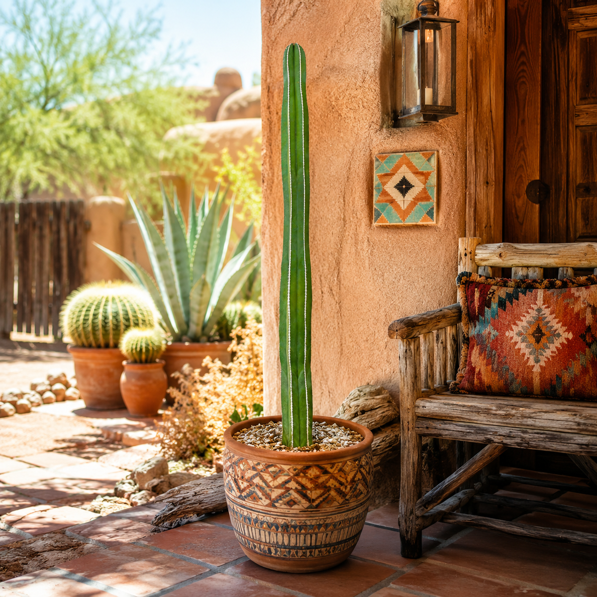 A tall green cactus in a patterned brown ceramic pot, placed on a rustic wooden porch next to a patterned seat cushion, with desert plants and a stucco wall in the background.