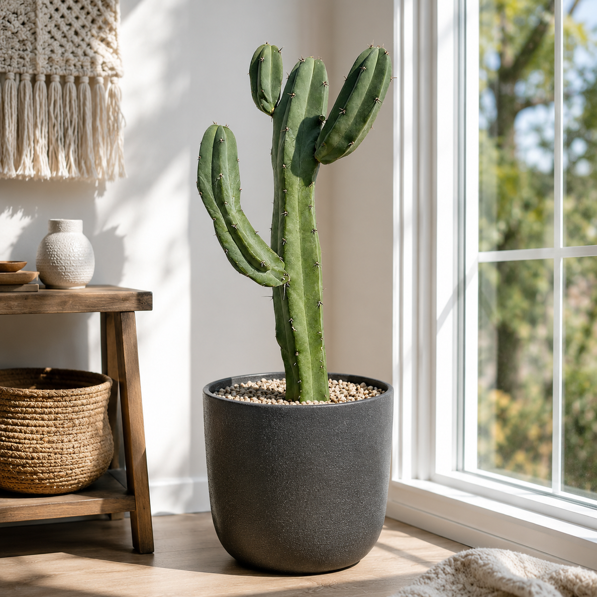A tall green cactus in a dark gray pot, placed on a wooden floor next to a window with natural light, with a rustic wooden side table and woven decor in the background.