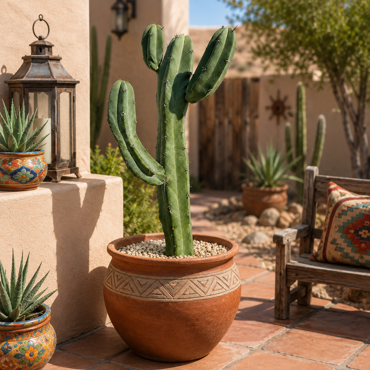 A tall green cactus in a large terracotta pot with geometric detailing, set in a sunny outdoor patio garden with other potted plants, a lantern, and a wooden bench.
