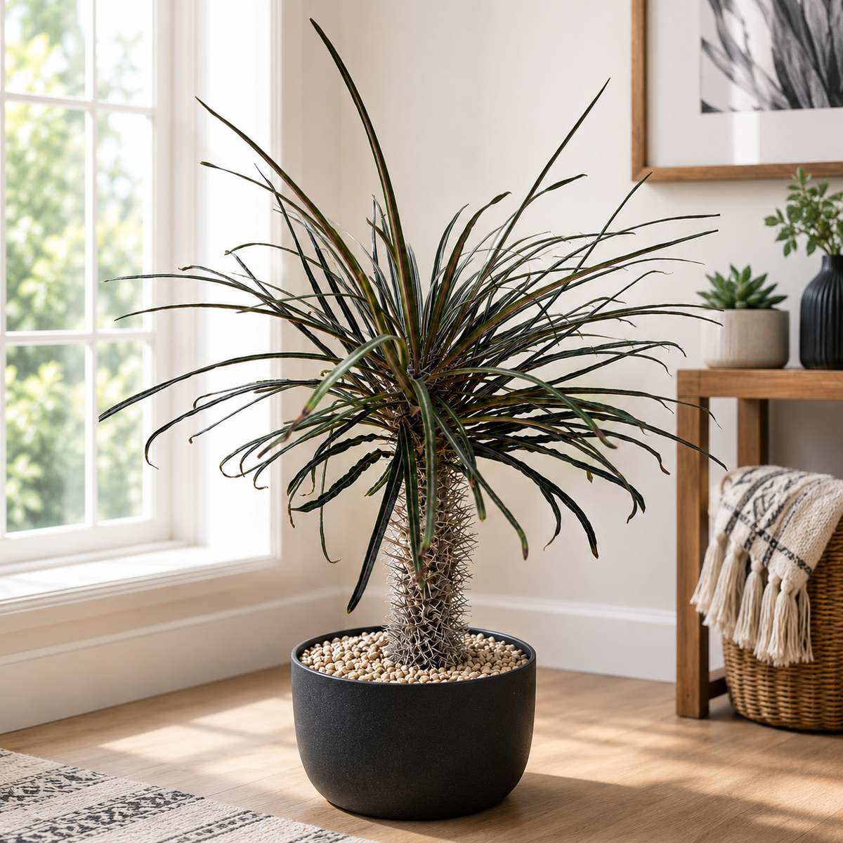 Silver Madagascar Palm specimen showing a sculptural spiny trunk and upright leafy growth.