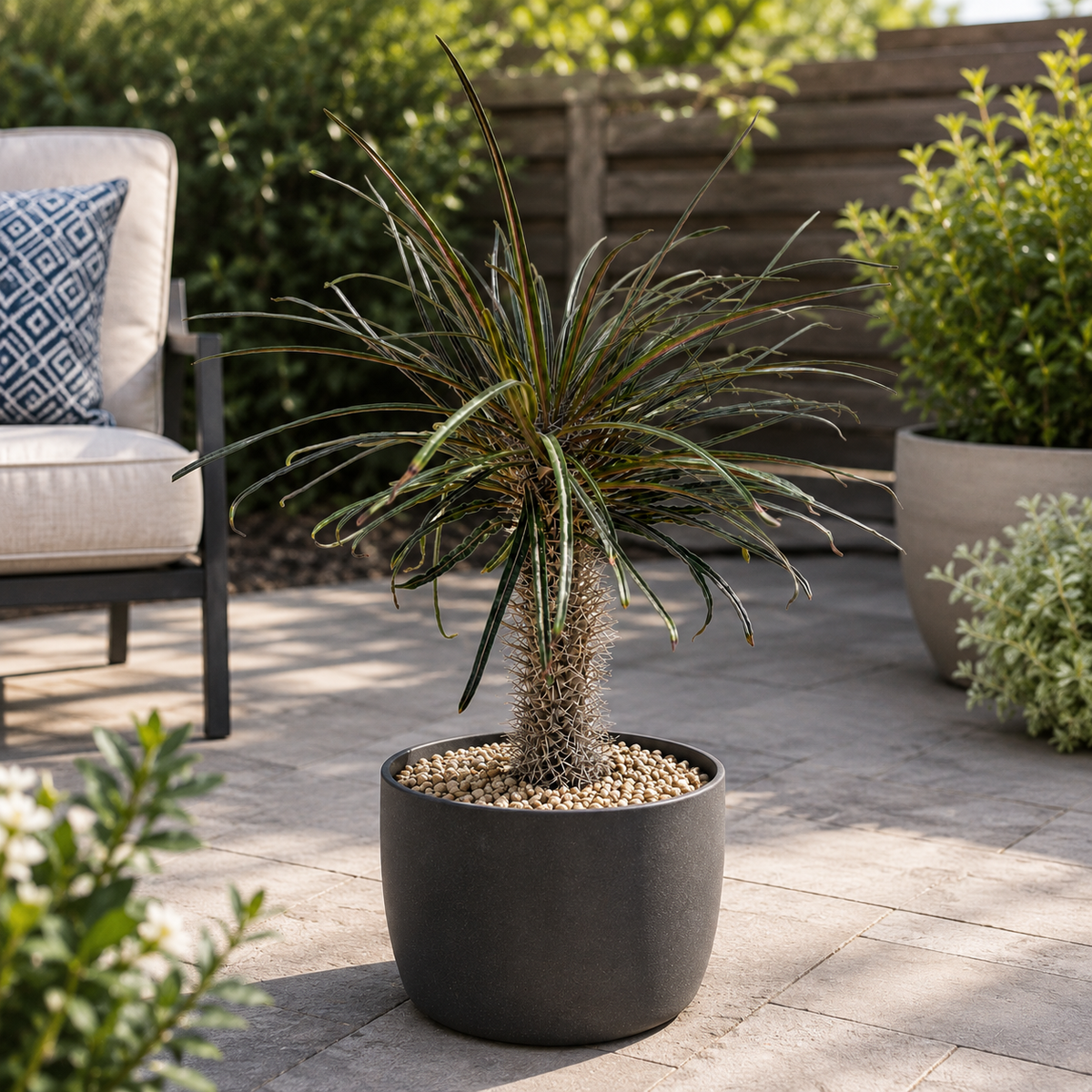 A potted ornamental grass plant with spiky green and tan leaves in a dark round planter, placed on a paved patio in an outdoor garden setting.