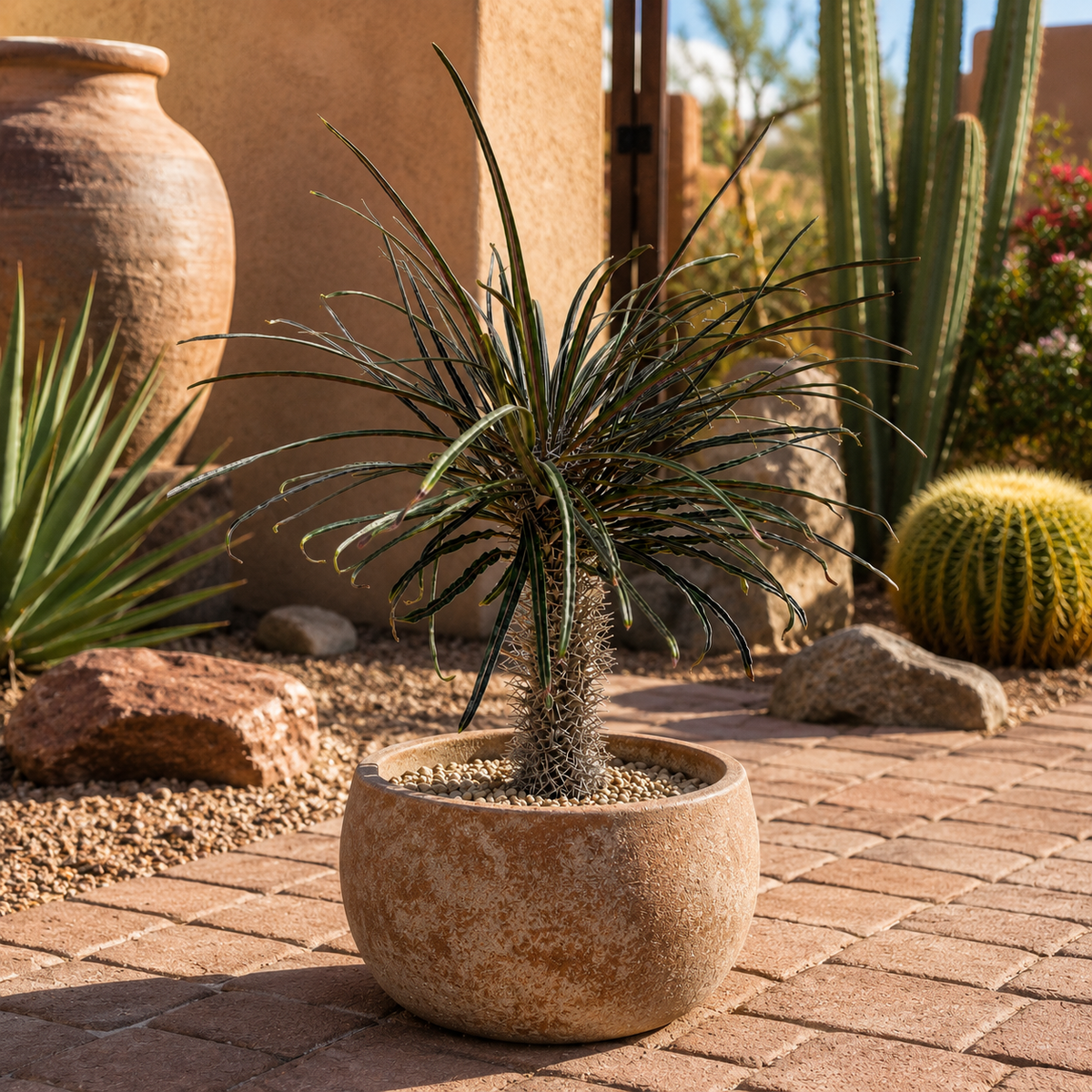 Live Silver Madagascar Palm with a thorn-covered stem and narrow arching leaves.
