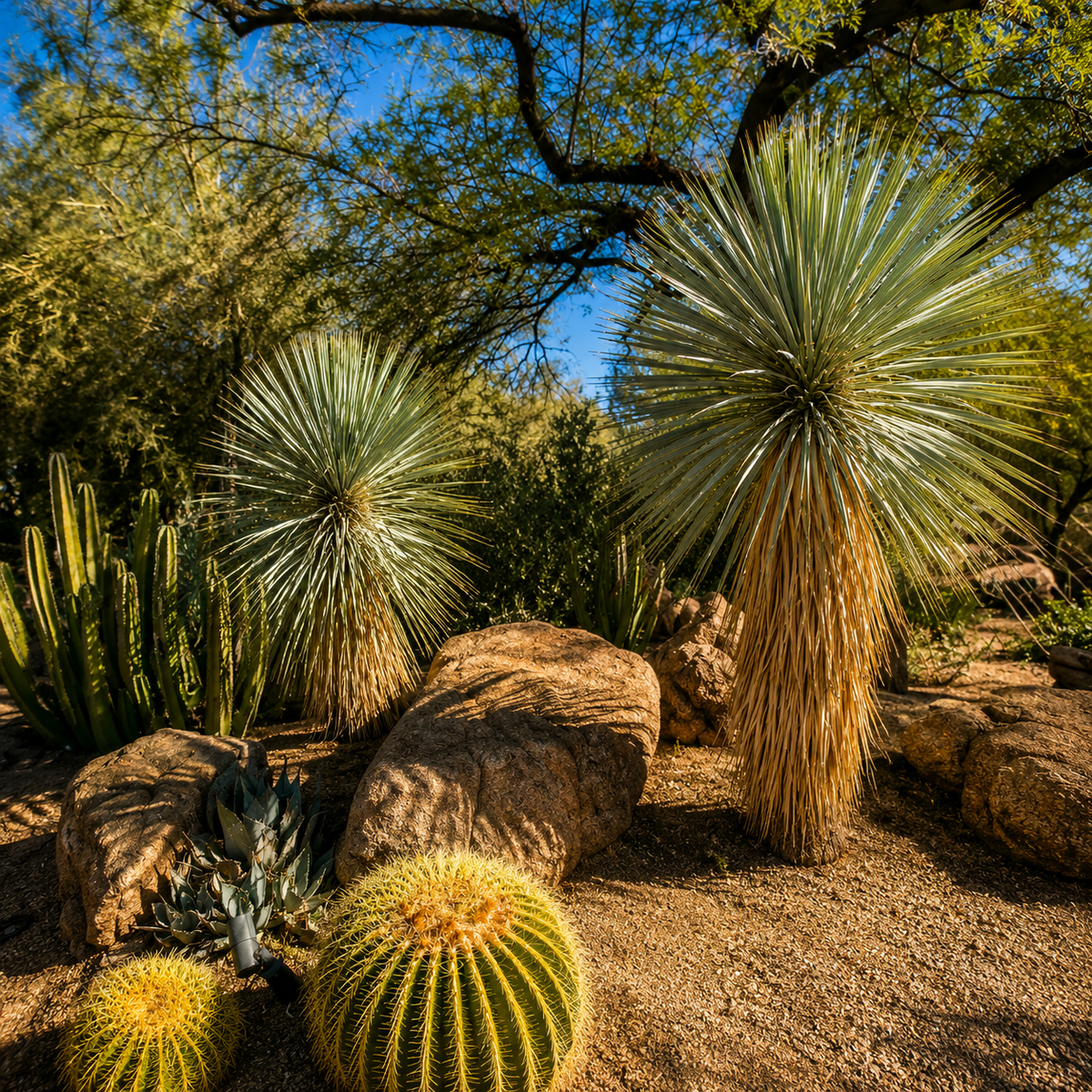 Yucca rostrata plant showing dense blue-green leaves and symmetrical architectural growth.