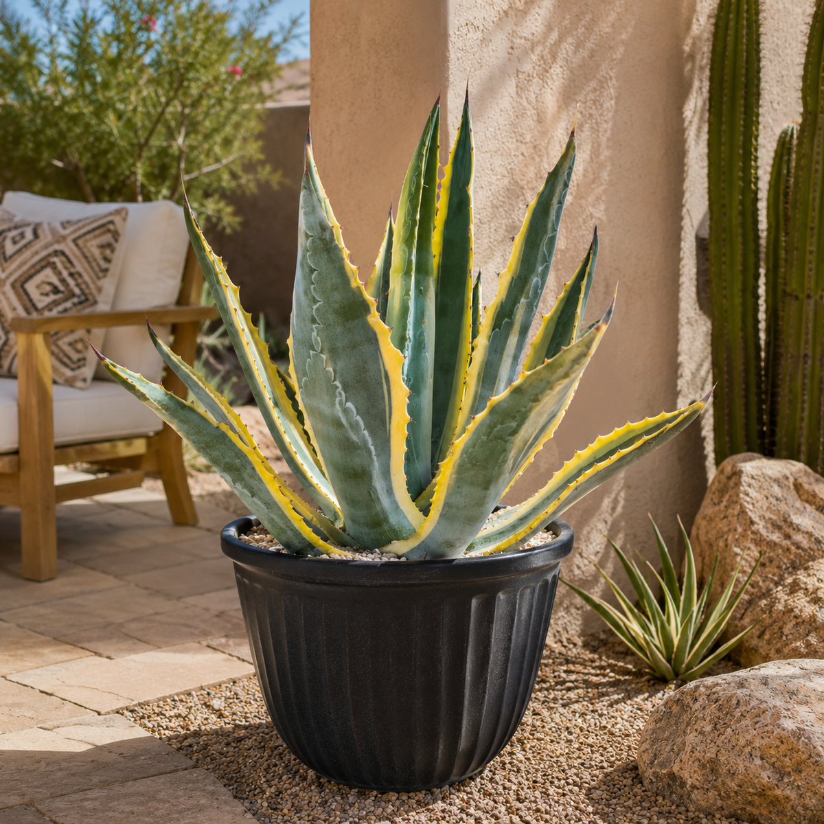 Live Agave americana variegata with bold cream-edged foliage and large architectural rosette.