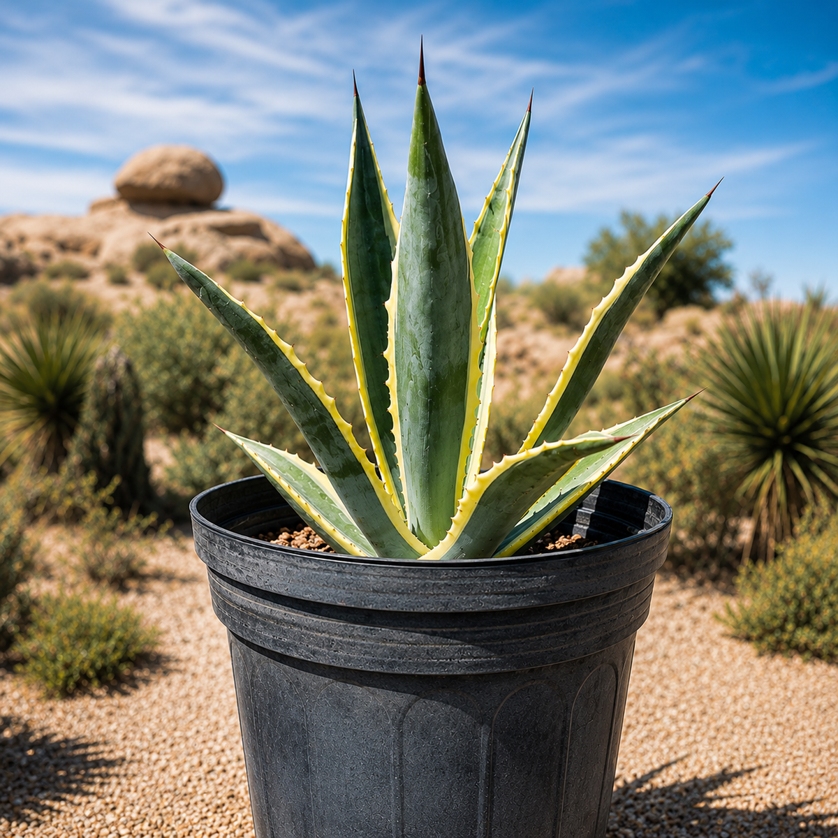 Variegated Century Plant specimen showing long arching green-and-yellow agave leaves.