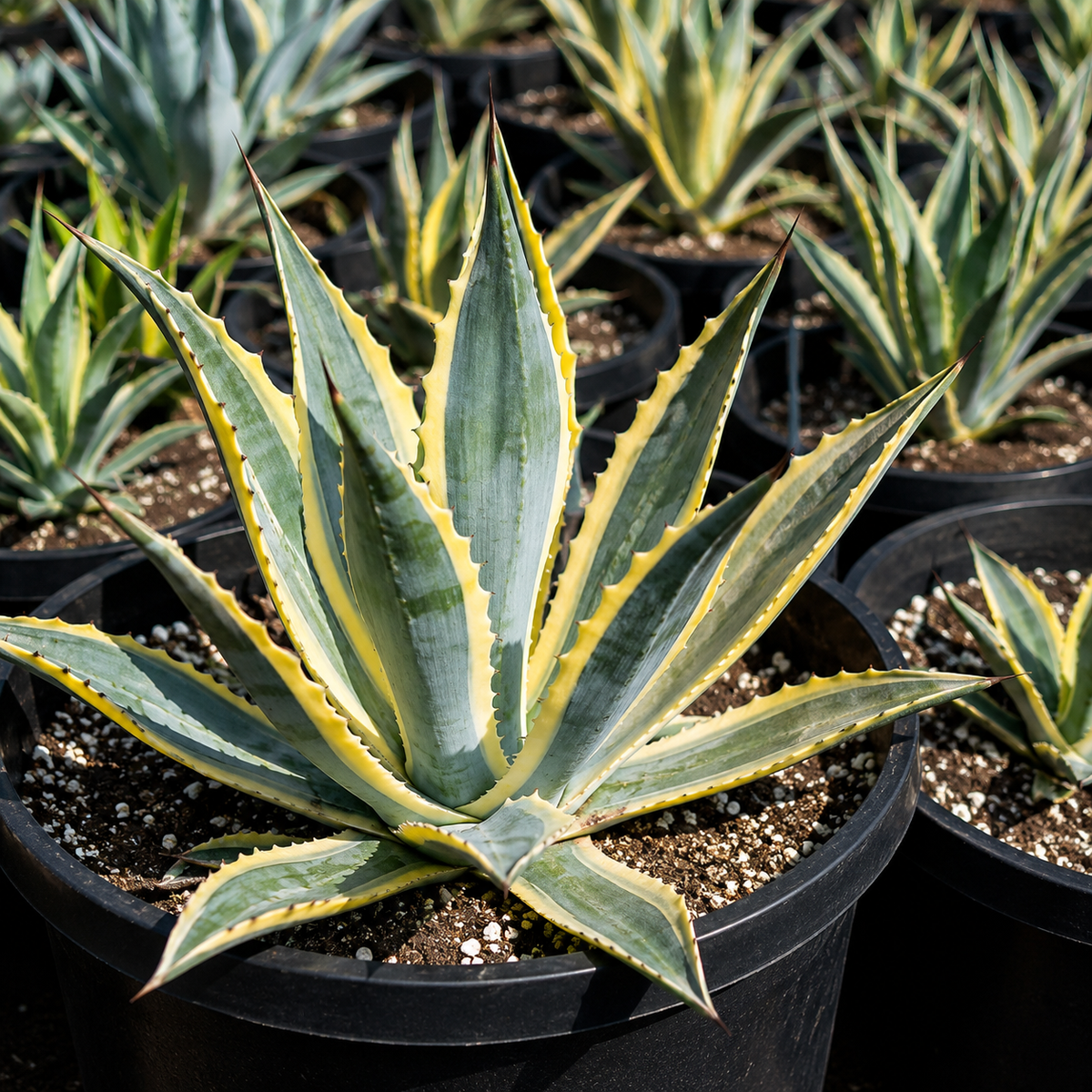 Agave americana variegata live plant highlighting broad striped leaves and strong terminal spines.