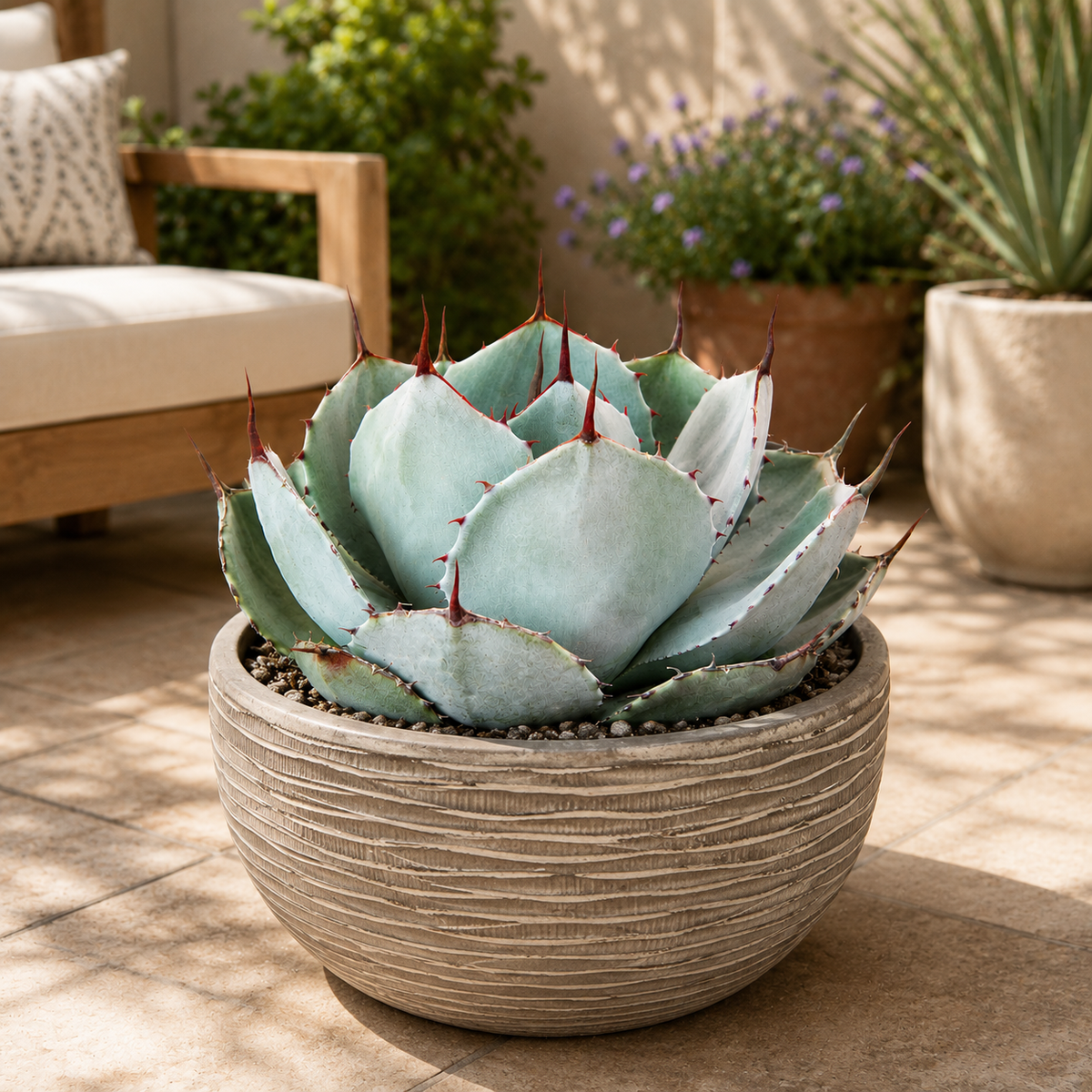 Agave parryi truncata specimen showing broad blue-gray leaves and dark terminal spines.