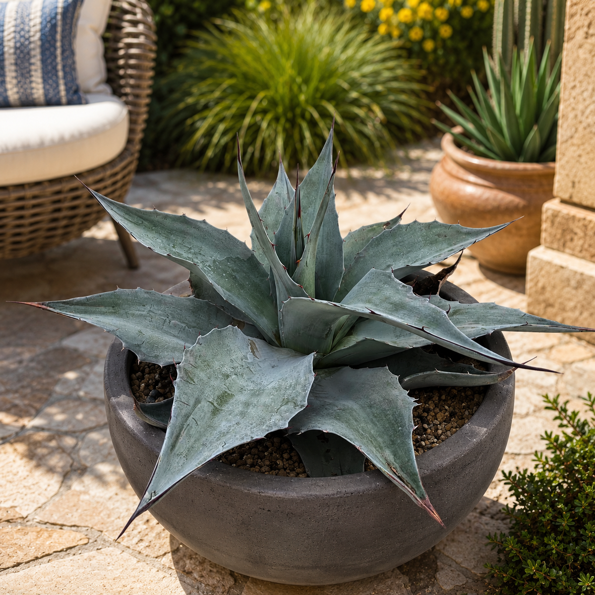 Agave ovatifolia specimen showing wide powdery blue leaves in a symmetrical rosette.