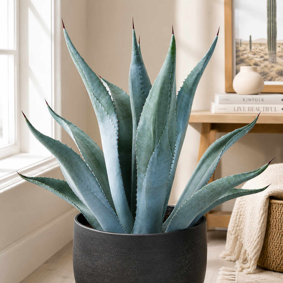 Agave franzosinii live plant highlighting broad silvery-blue leaves and pointed tips.