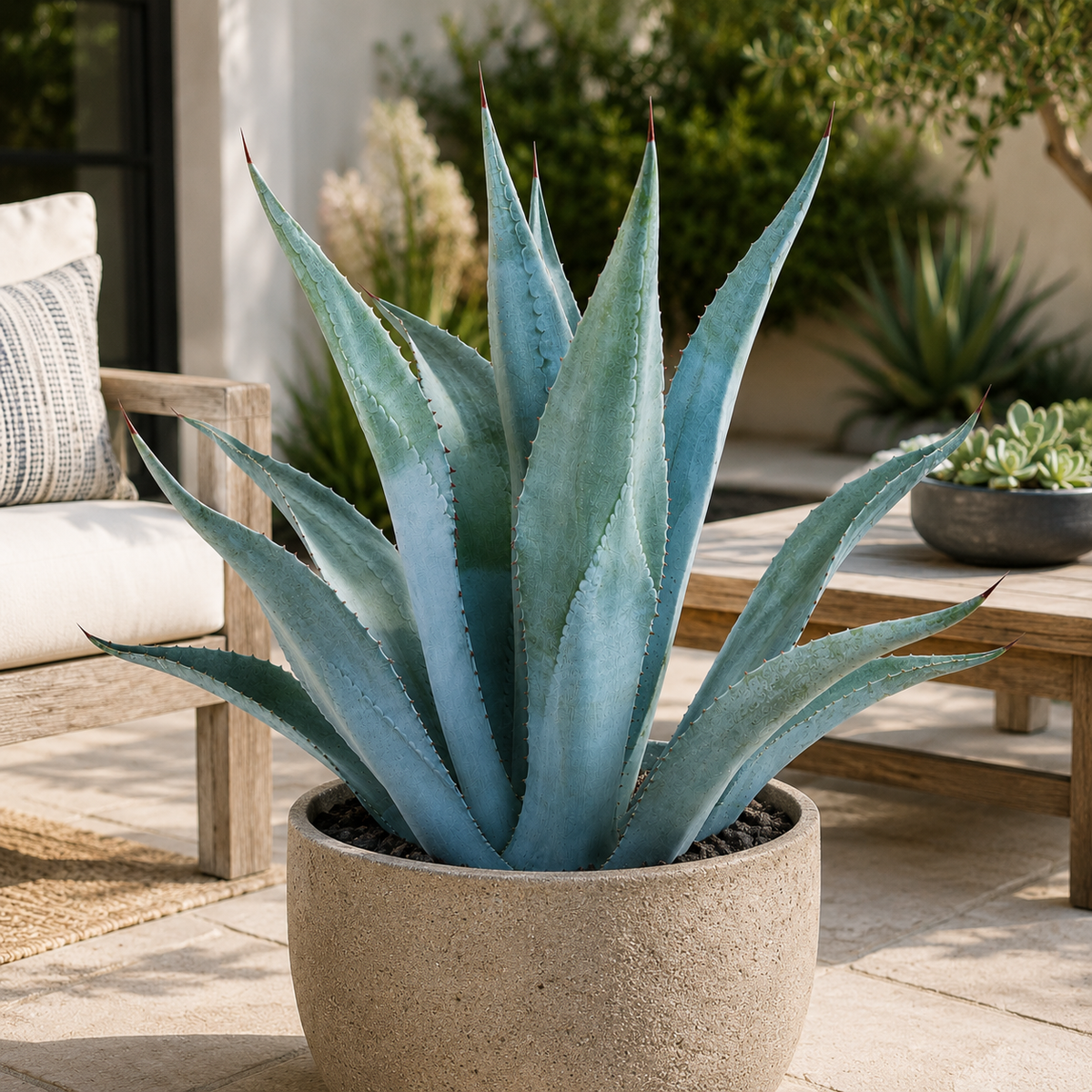 Agave franzosinii specimen showing thick pale blue leaves and strong architectural form.