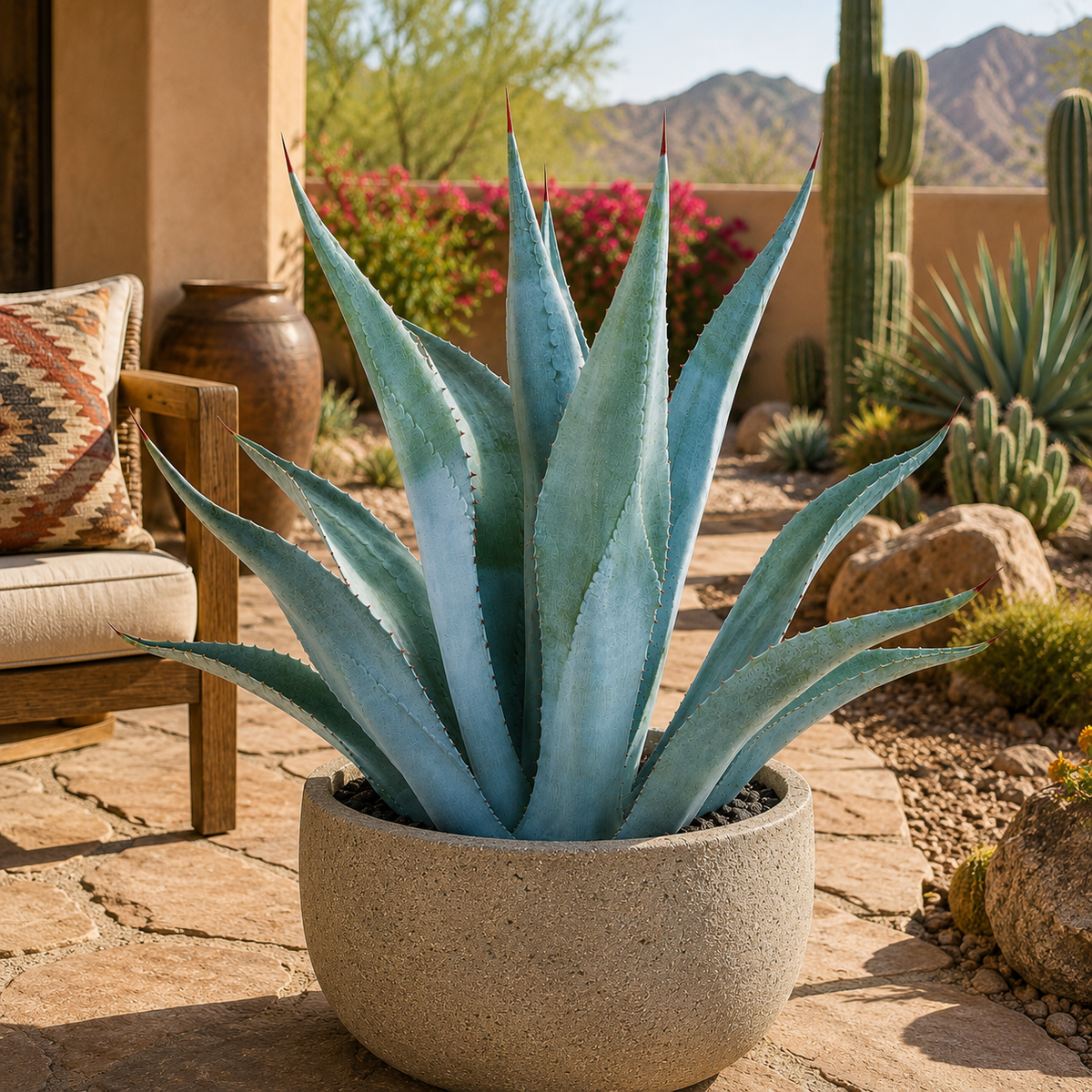 Live Agave franzosinii with sweeping blue-gray foliage arranged in a symmetrical rosette.