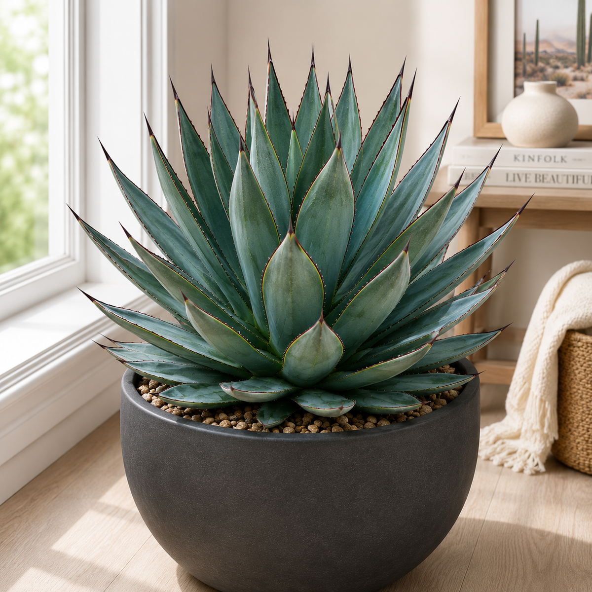 Agave 'Blue Glow' specimen showing smooth blue-green leaves with contrasting leaf margins.