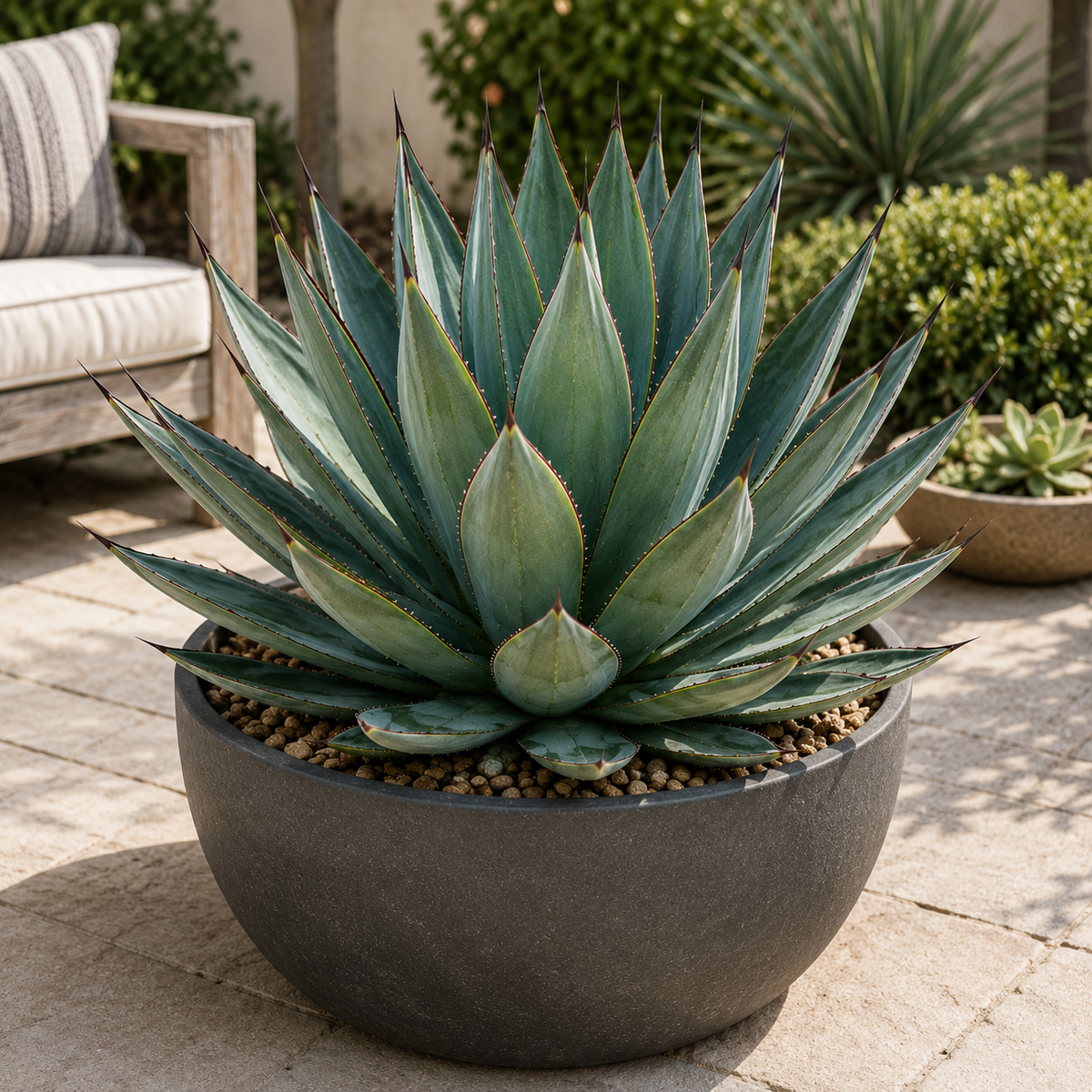 Live Blue Glow Agave with a tight architectural rosette and pointed blue-green leaves.