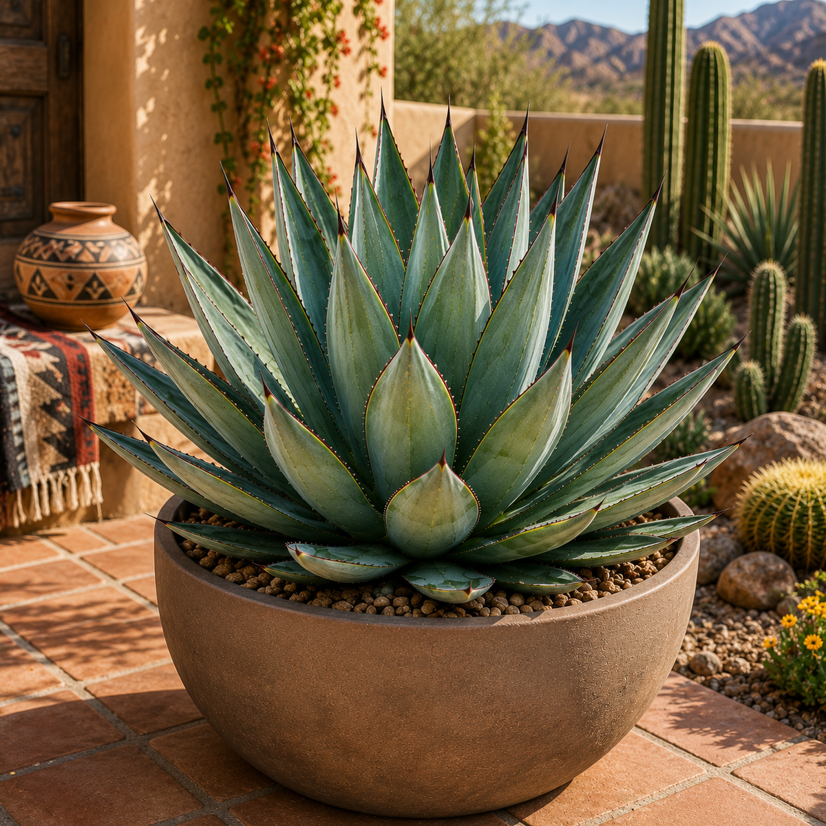 Agave 'Blue Glow' live plant highlighting its compact rosette and clean sculptural form.