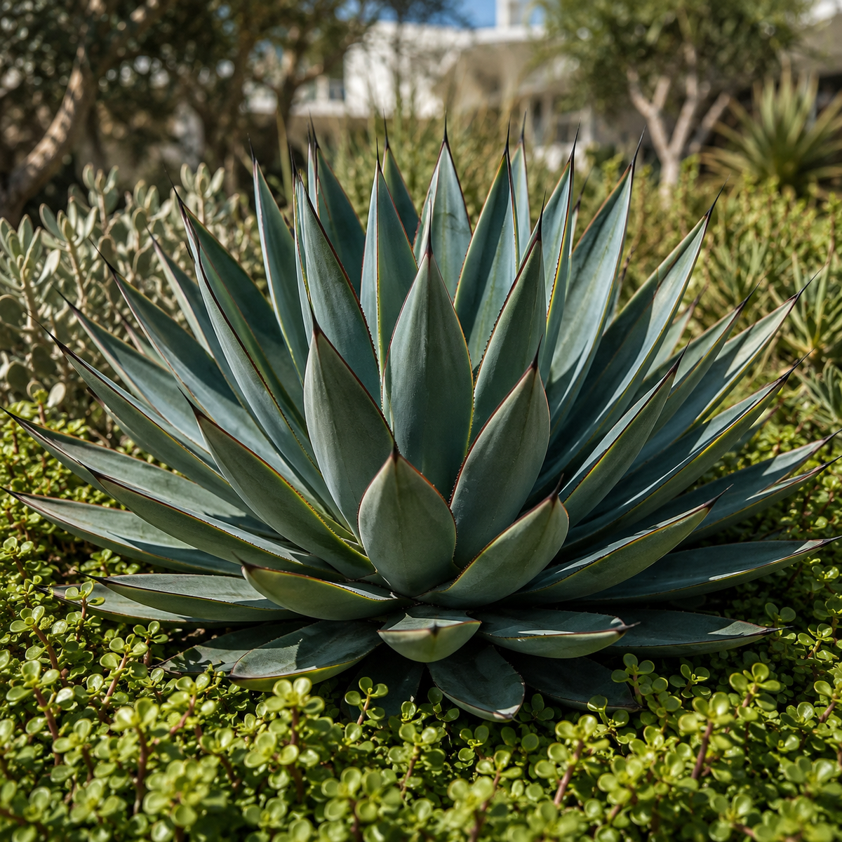 Blue Glow Agave specimen with thick blue-green leaves arranged in a symmetrical rosette.