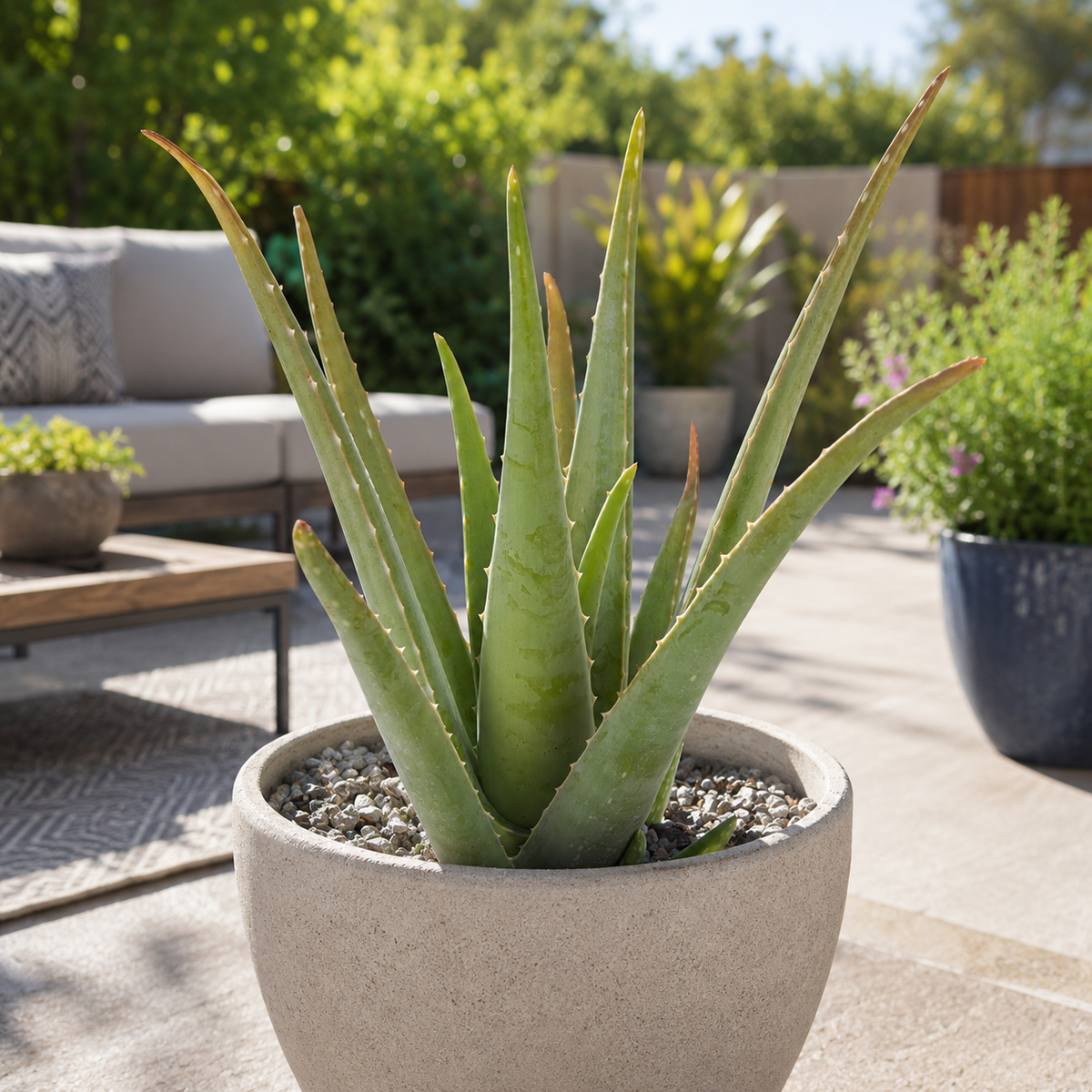 Live Aloe barbadensis with upright fleshy leaves and a full green rosette.