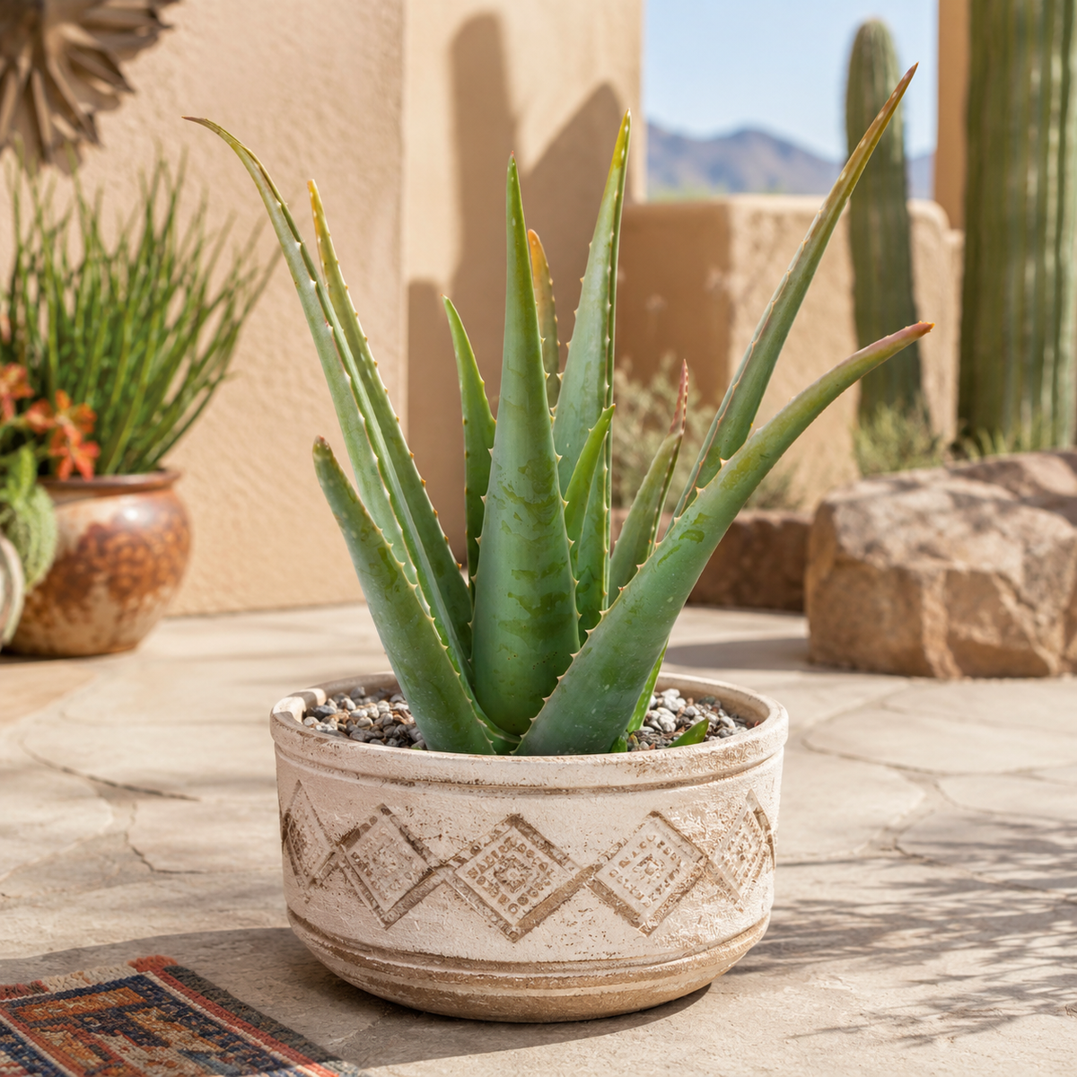 Aloe Vera live plant highlighting its long thick green leaves and compact rosette growth.