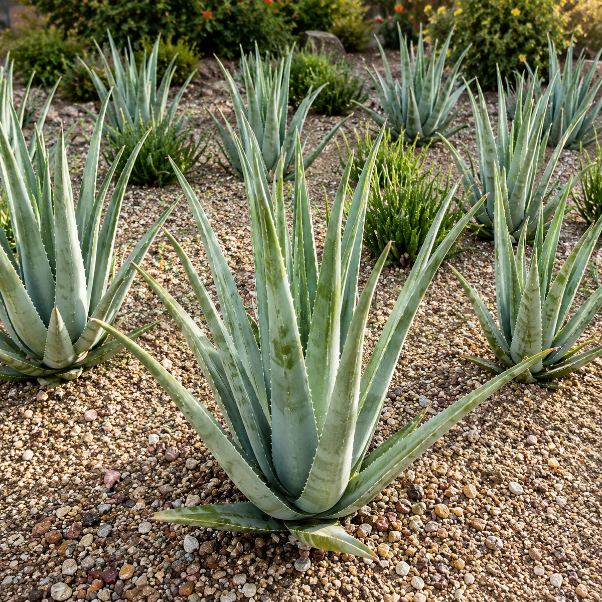 Live Aloe Vera plant showing thick green leaves and serrated leaf margins.