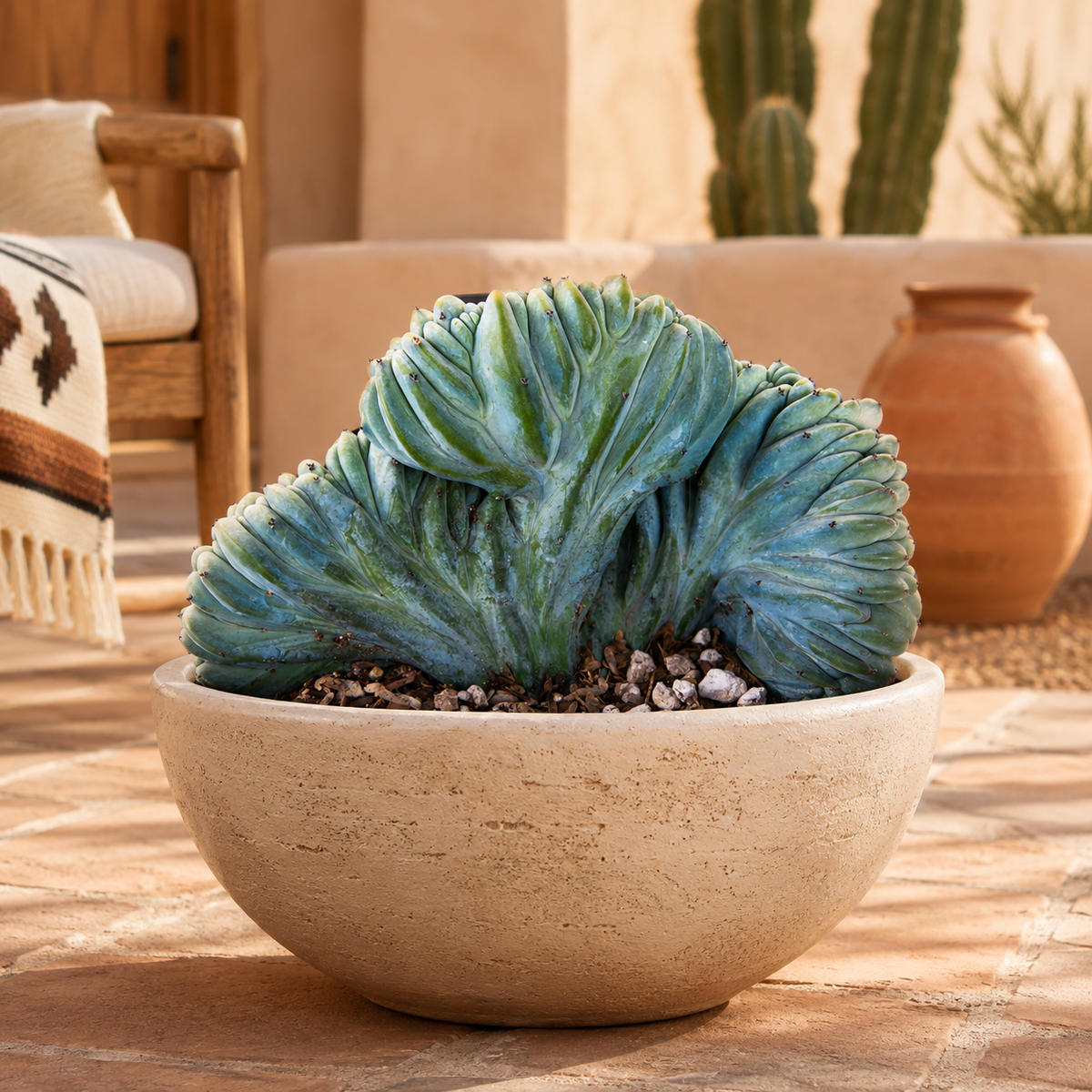 Crested Blue Flame Cactus highlighting its wavy blue-green crest and unusual form.