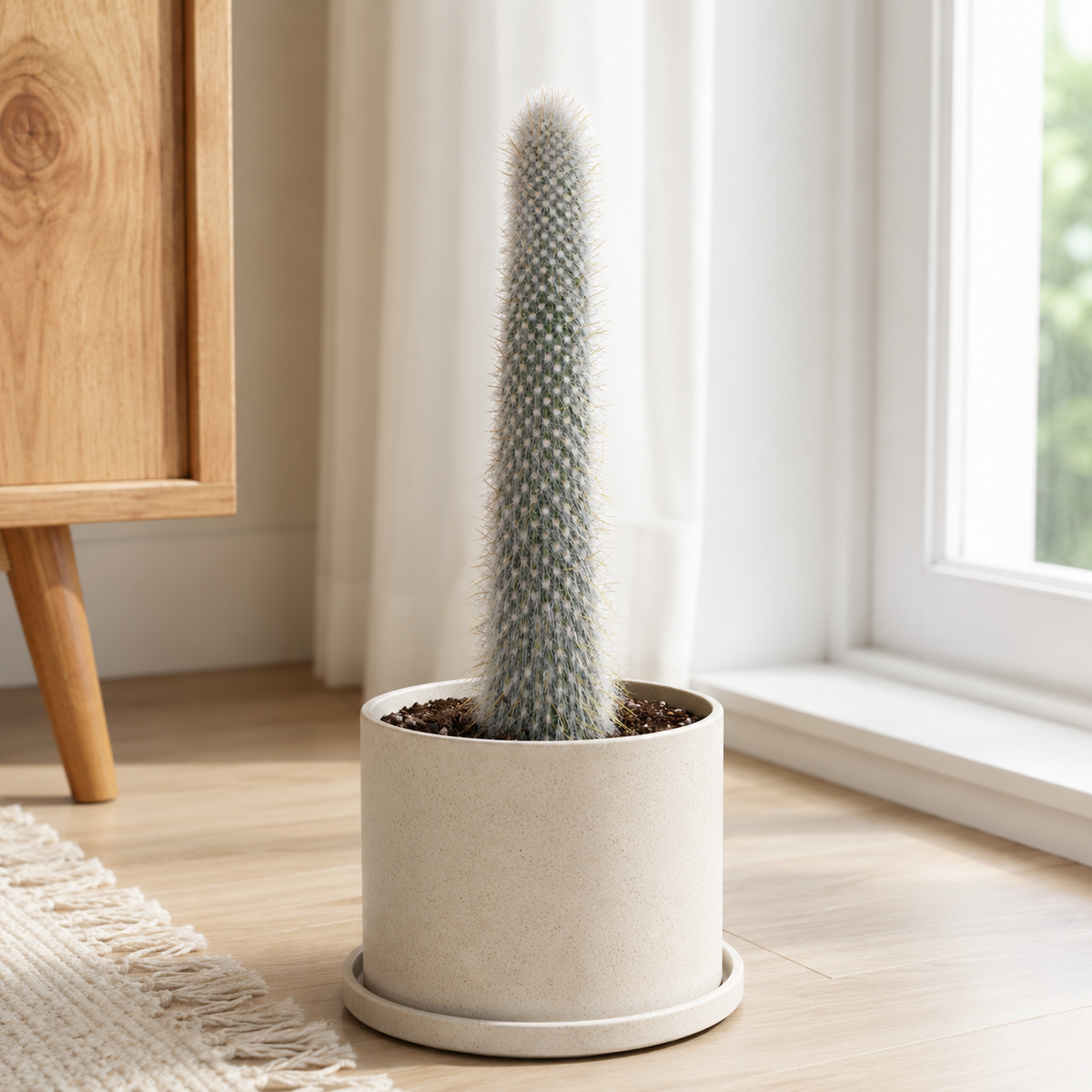 Silver Torch Cactus specimen showing tall narrow green stems with dense white spination.