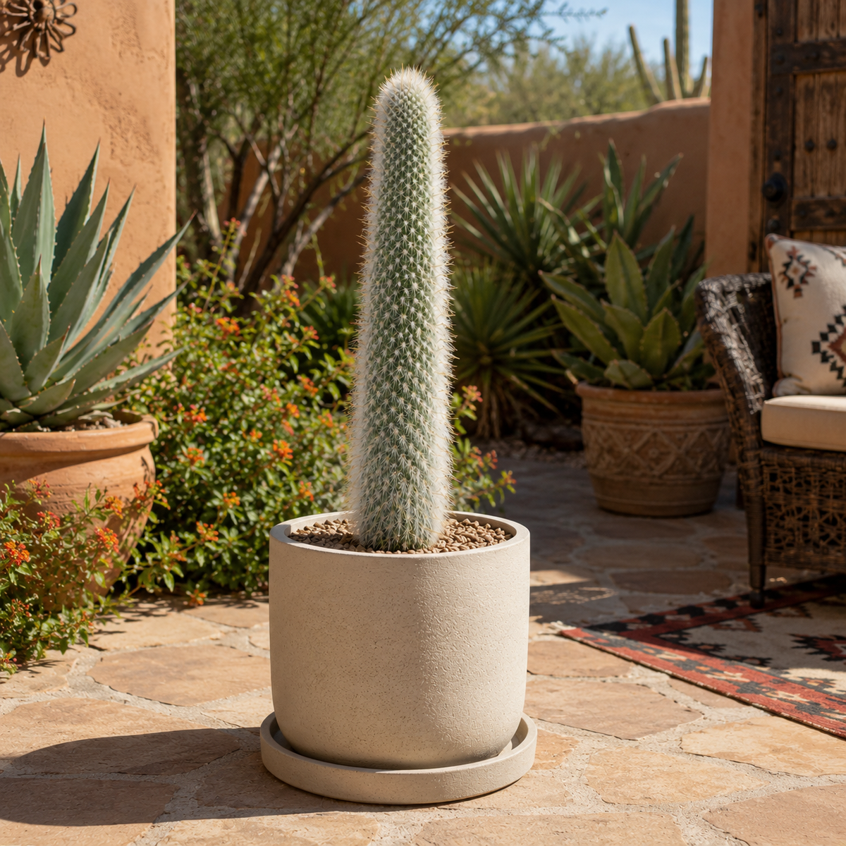 Silver Torch Cactus live plant highlighting its narrow ribbed stems and dense pale spines.