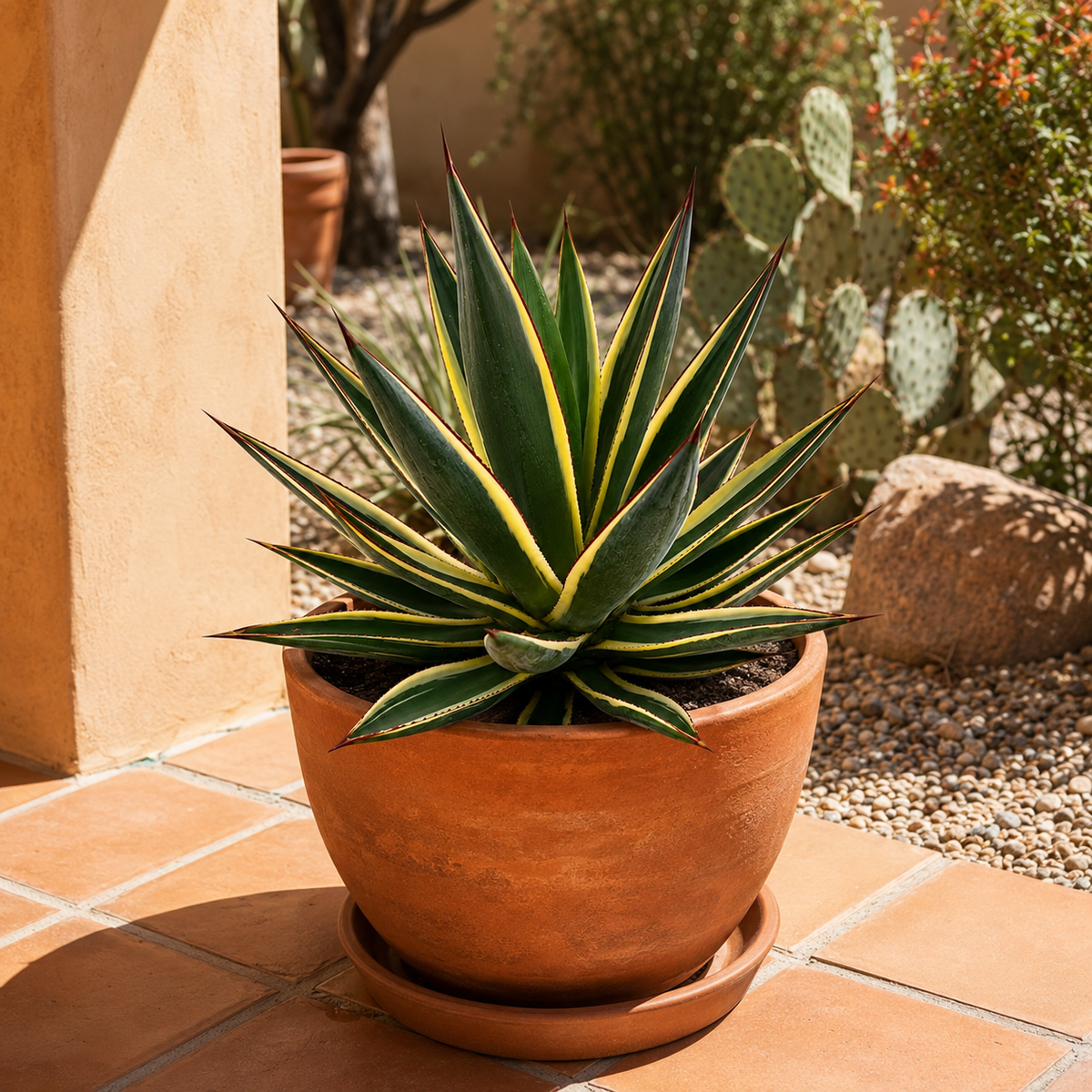 Live Variegated Blue Glow Agave with a compact rosette of blue-green and yellow leaves.