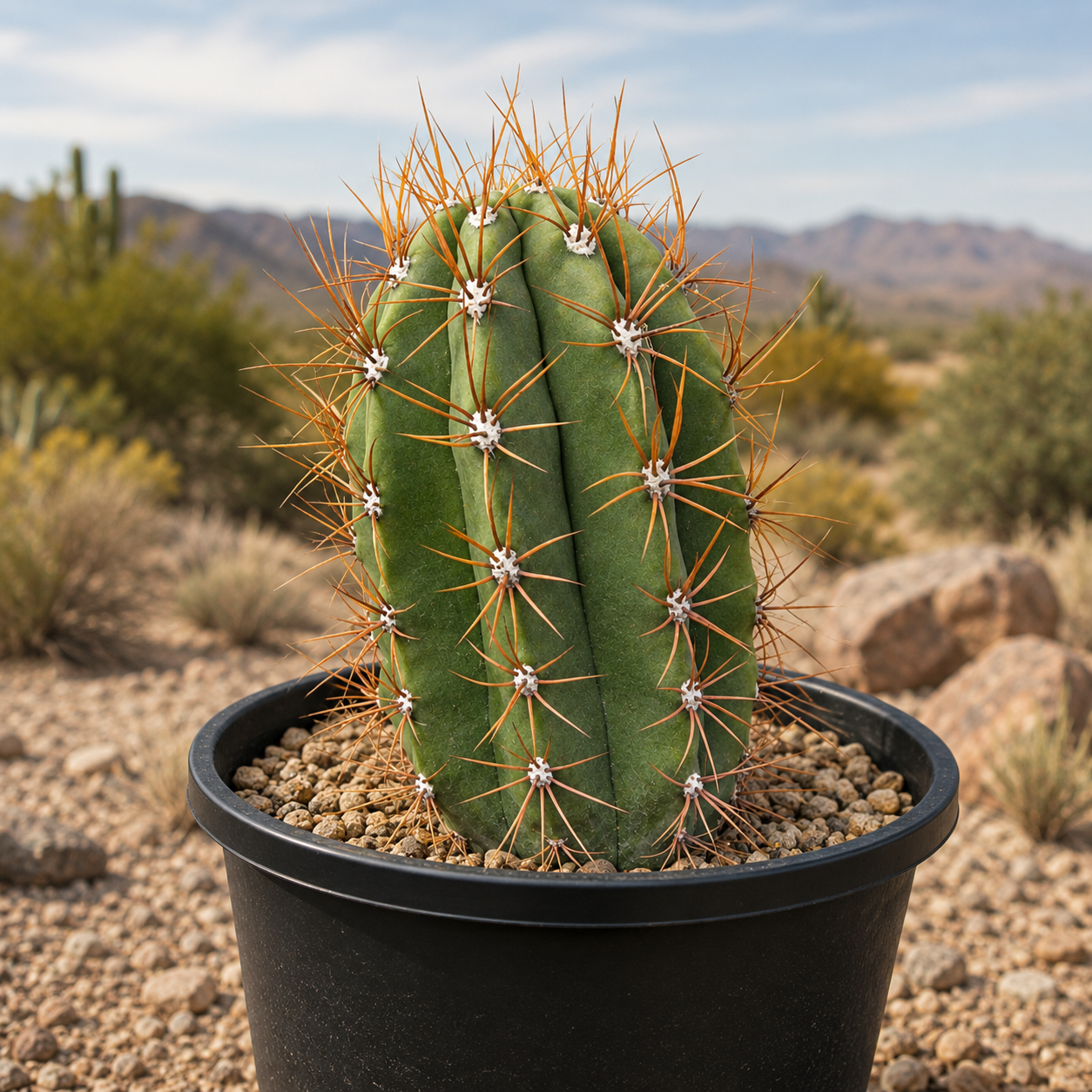 South American Saguaro live cactus with tall ribbed green columnar growth.