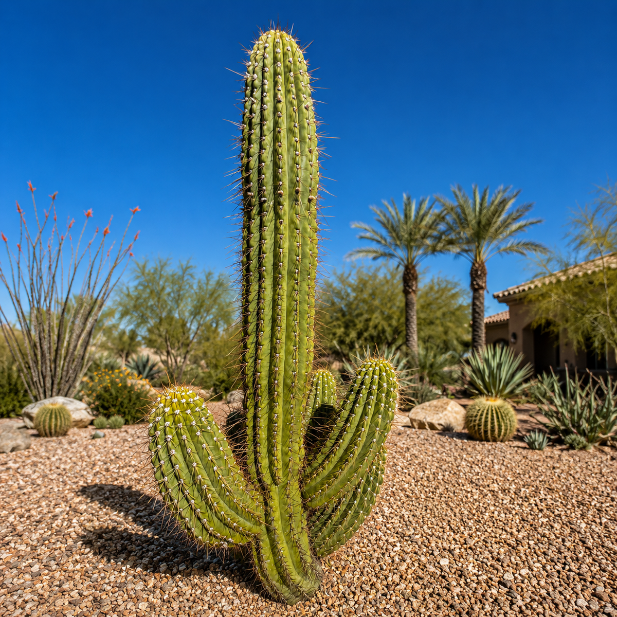South American Saguaro live specimen with a tall green column and prominent ribs.