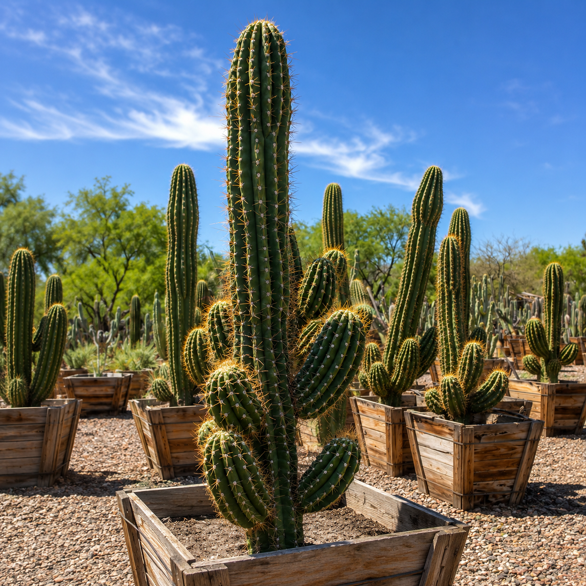 South American Saguaro cactus highlighting its substantial columnar form and spines.