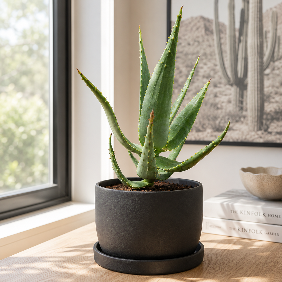 Aloe ferox live plant with broad upright green leaves edged with prominent teeth.