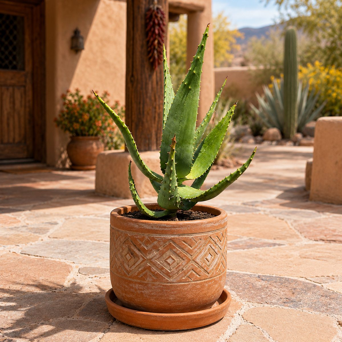 Live Aloe ferox with a robust rosette of broad green spiny-edged leaves.