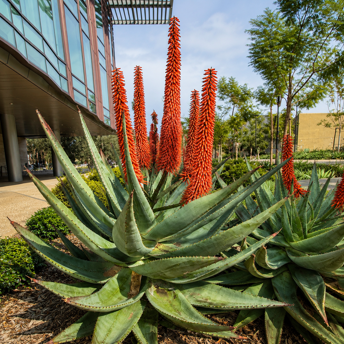 Live Aloe ferox showing mature architectural rosette growth and thick green leaves.