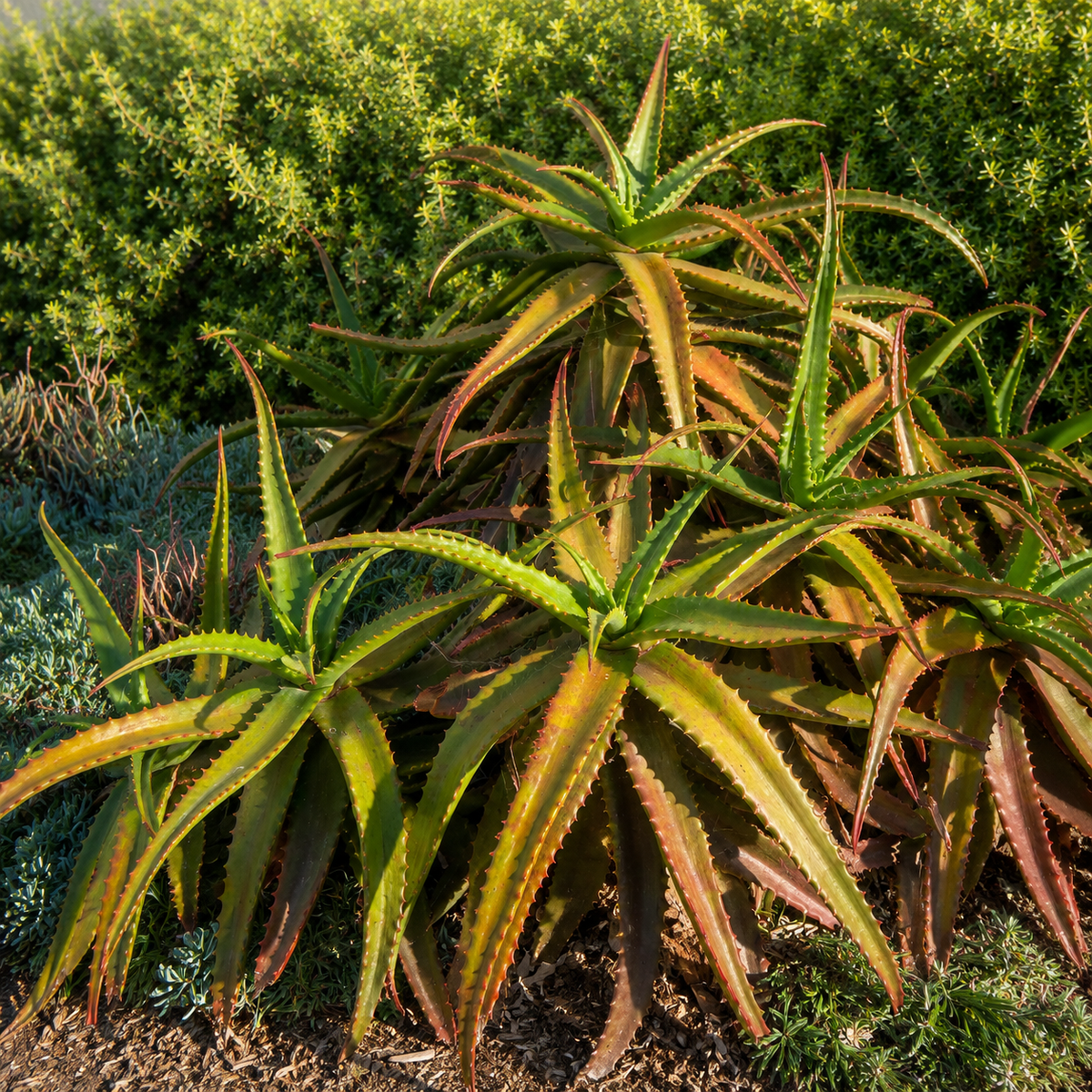 Aloe cameronii live specimen with pointed succulent leaves and colorful sun-stressed tones.