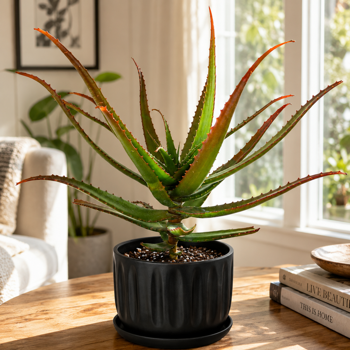 Aloe cameronii specimen showing fleshy pointed leaves with warm red coloration.