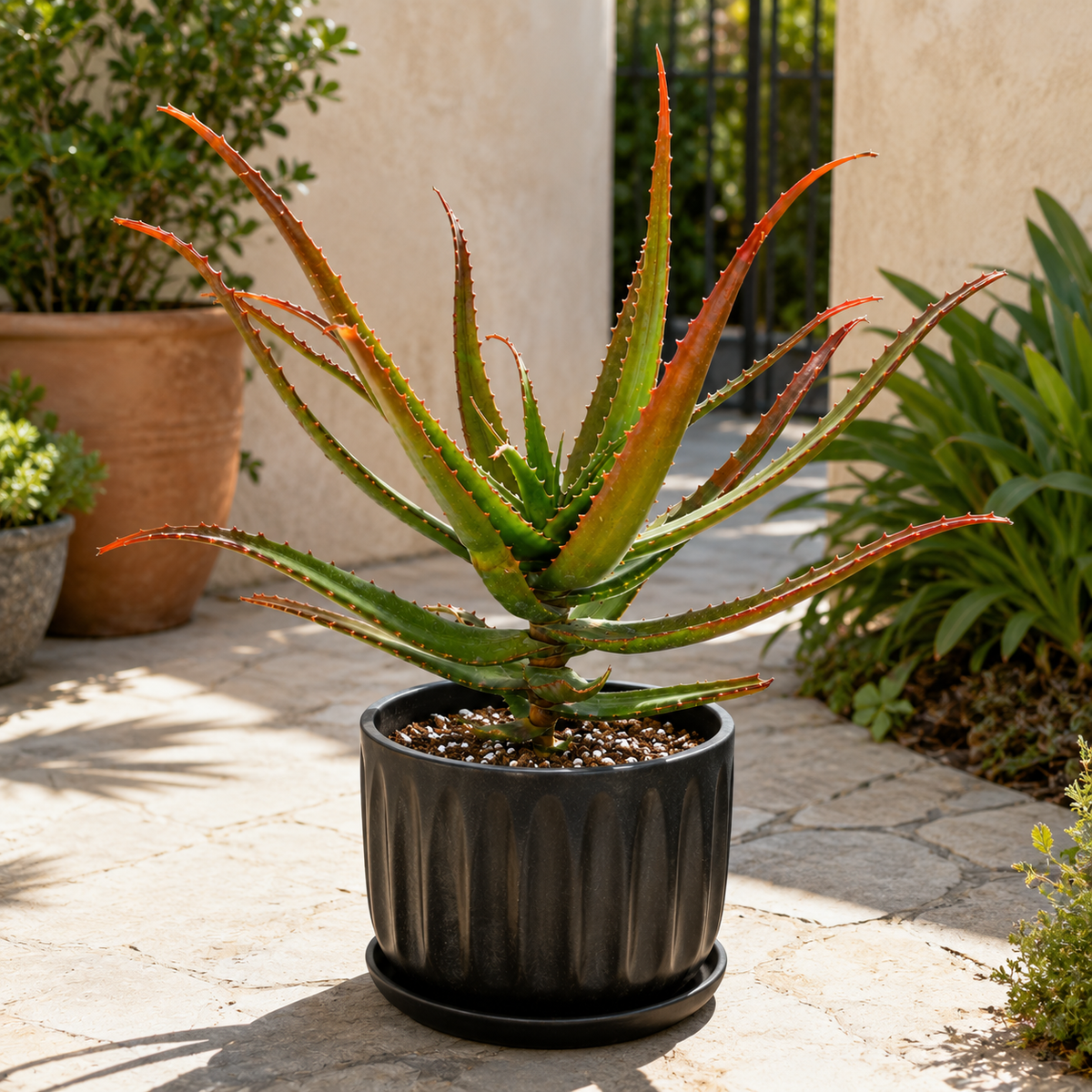 Live Aloe cameronii with a full rosette of green-to-red succulent foliage.