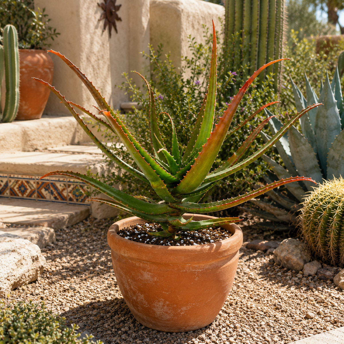 Aloe cameronii live plant highlighting its colorful pointed leaves and sculptural rosette.