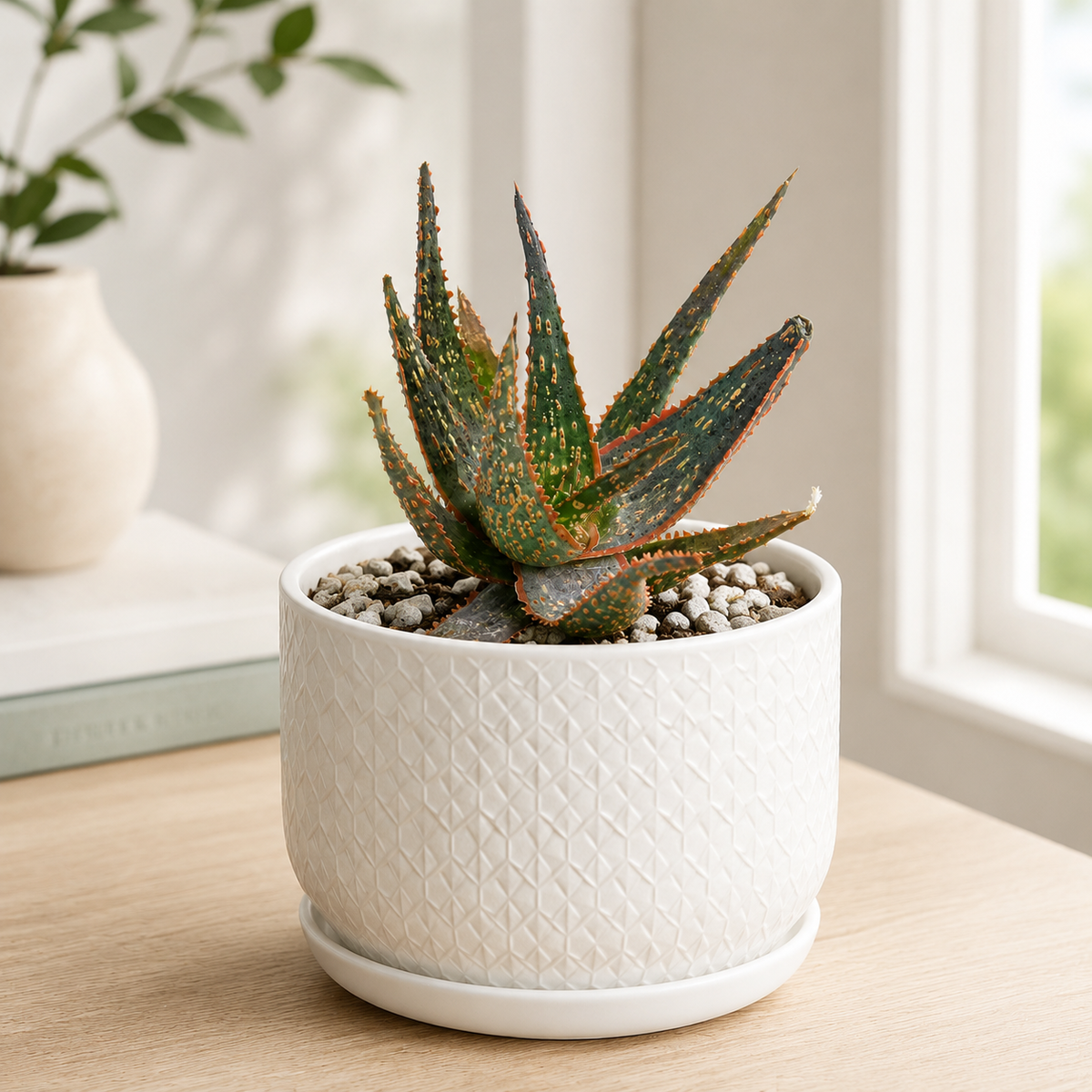 Aloe 'Christmas Carol' live plant with a compact rosette of patterned green and red-edged leaves.