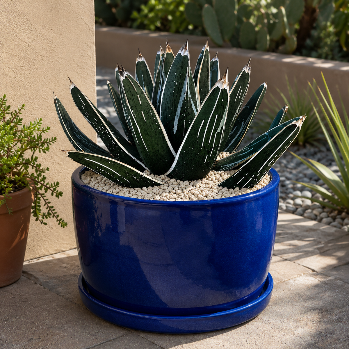 Live Agave pintilla with a dense symmetrical rosette and thick architectural leaves.