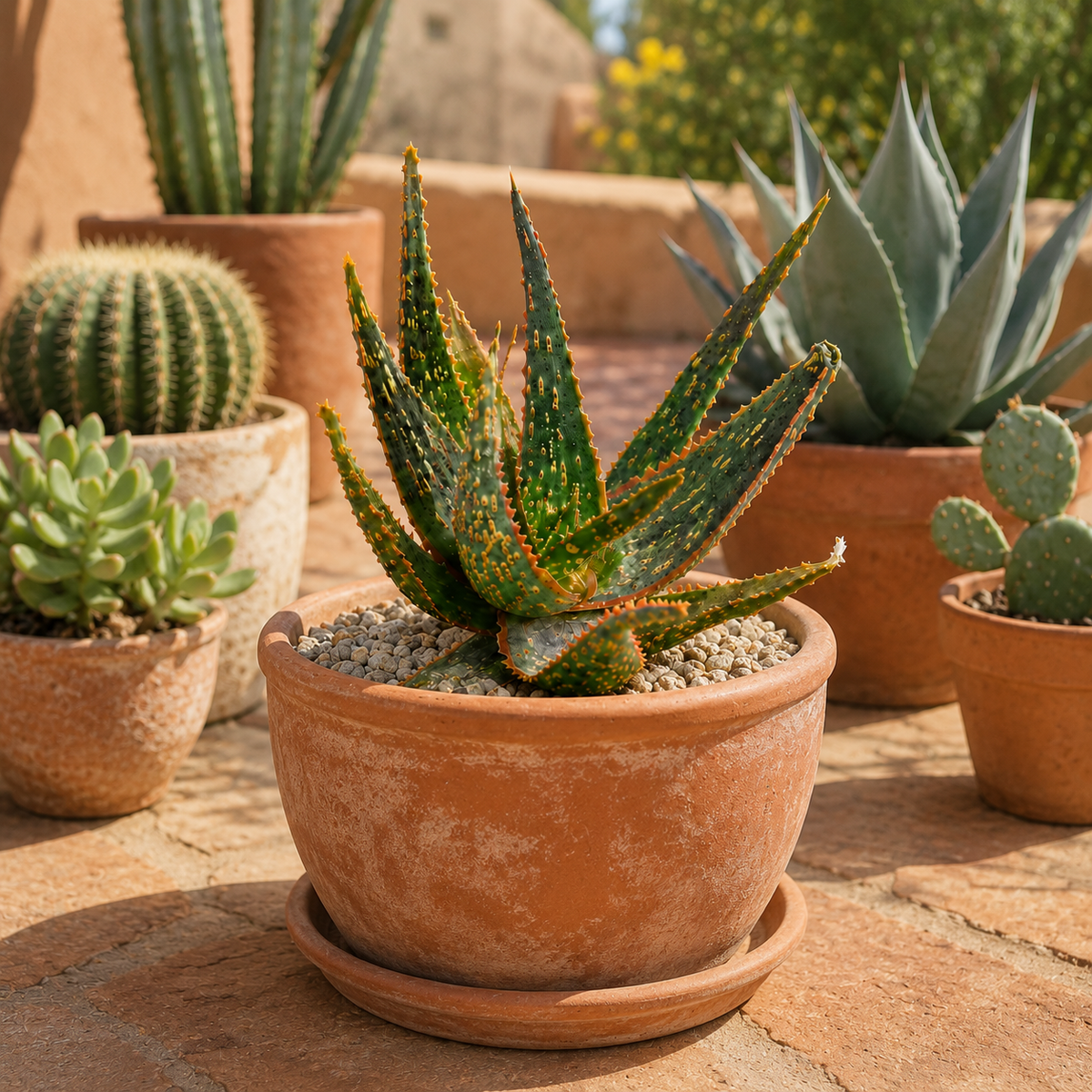 Live Aloe 'Christmas Carol' with dense patterned leaves and warm red accents.
