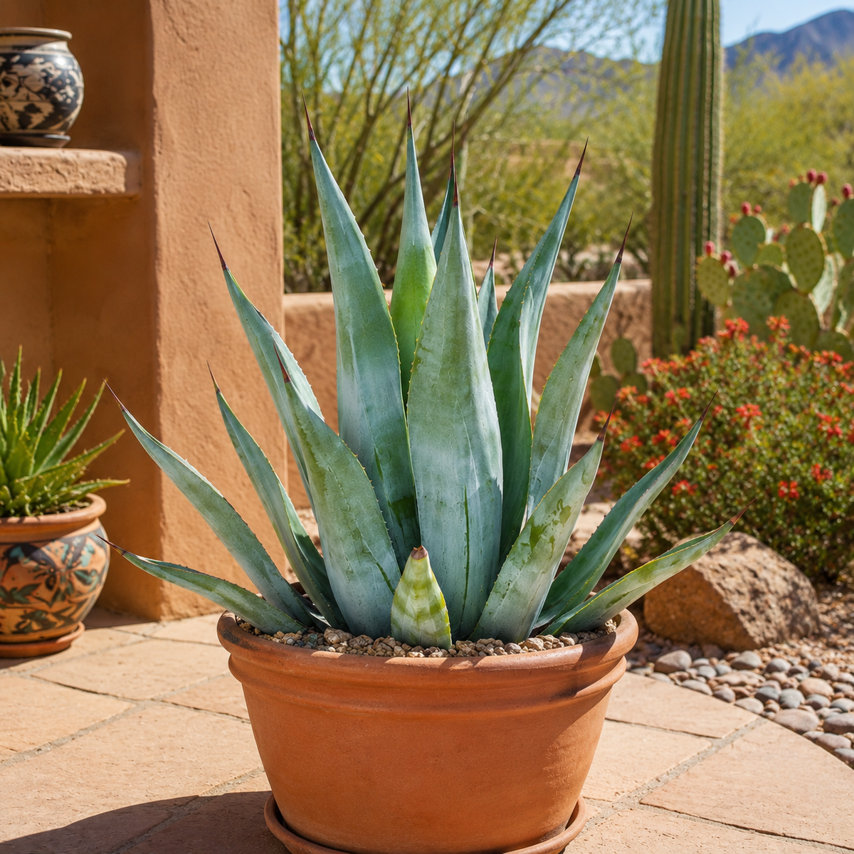 Agave weberi live plant highlighting its large blue-green foliage and open sculptural form.
