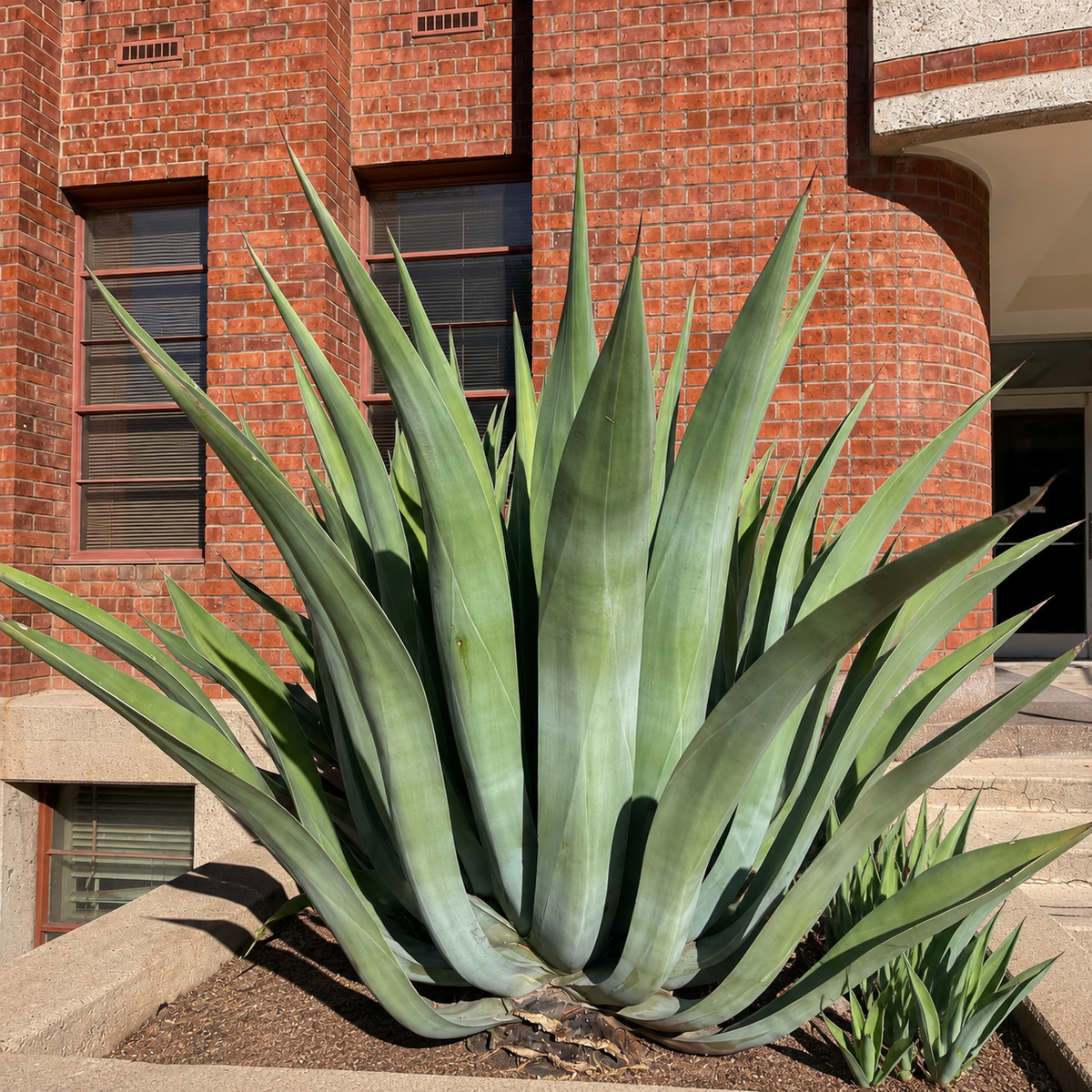Agave weberi plant highlighting its large symmetrical rosette and broad smooth leaves.