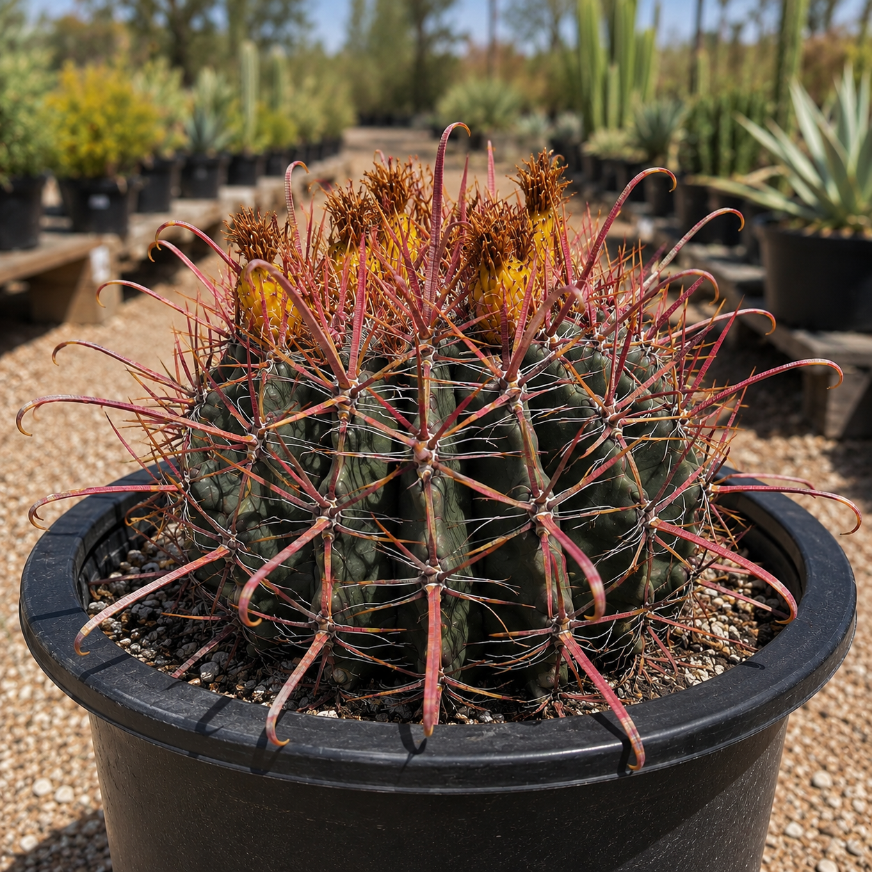 Ferocactus gracilis live barrel cactus with a compact green body and dense reddish spines.
