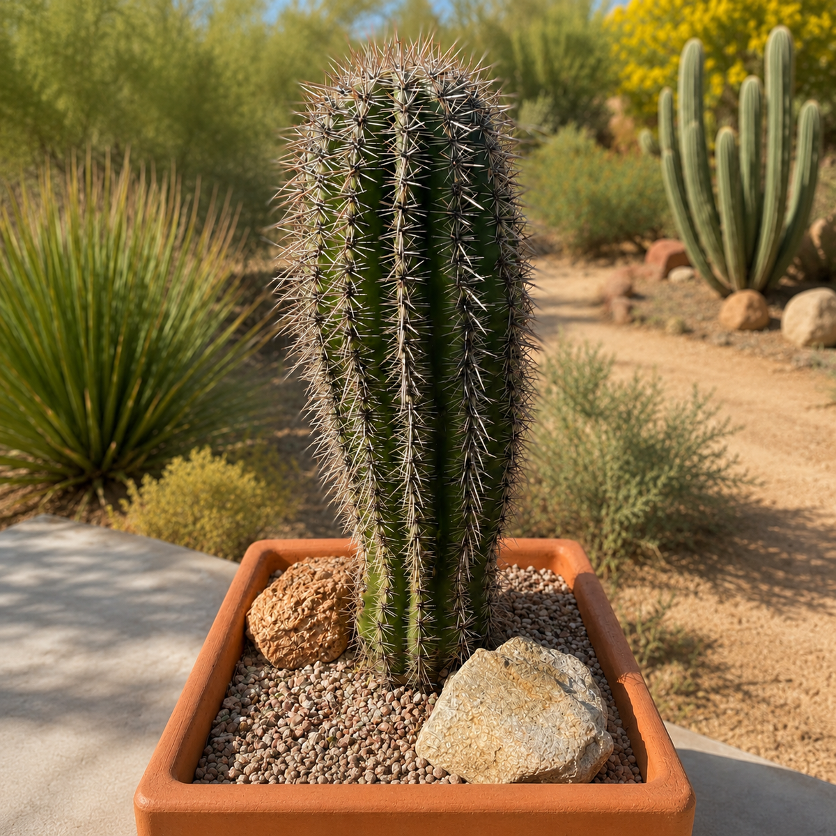 Young Saguaro Cactus (Carnegiea gigantea) live plant with upright ribbed green growth.
