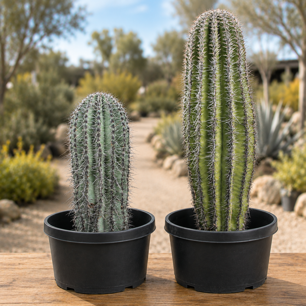 Two green column cacti in black plastic nursery pots, displayed side-by-side on a wooden table with a blurred desert garden background.