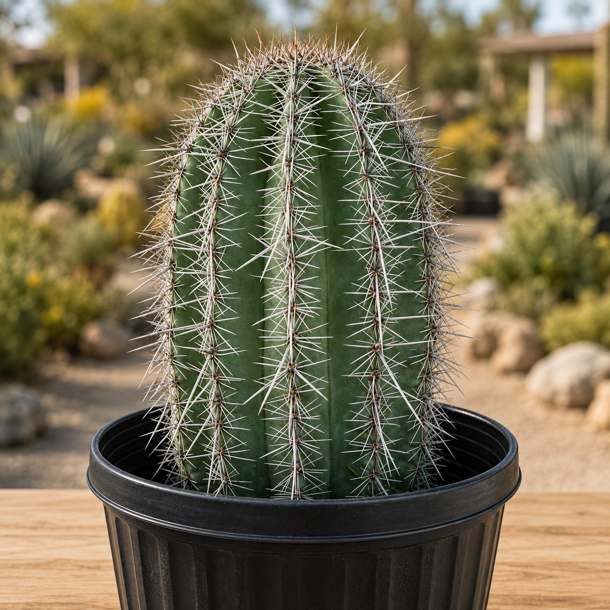 A tall green column cactus with dense white spines, potted in a black plastic nursery pot and placed on a wooden surface with a blurred outdoor desert garden background.