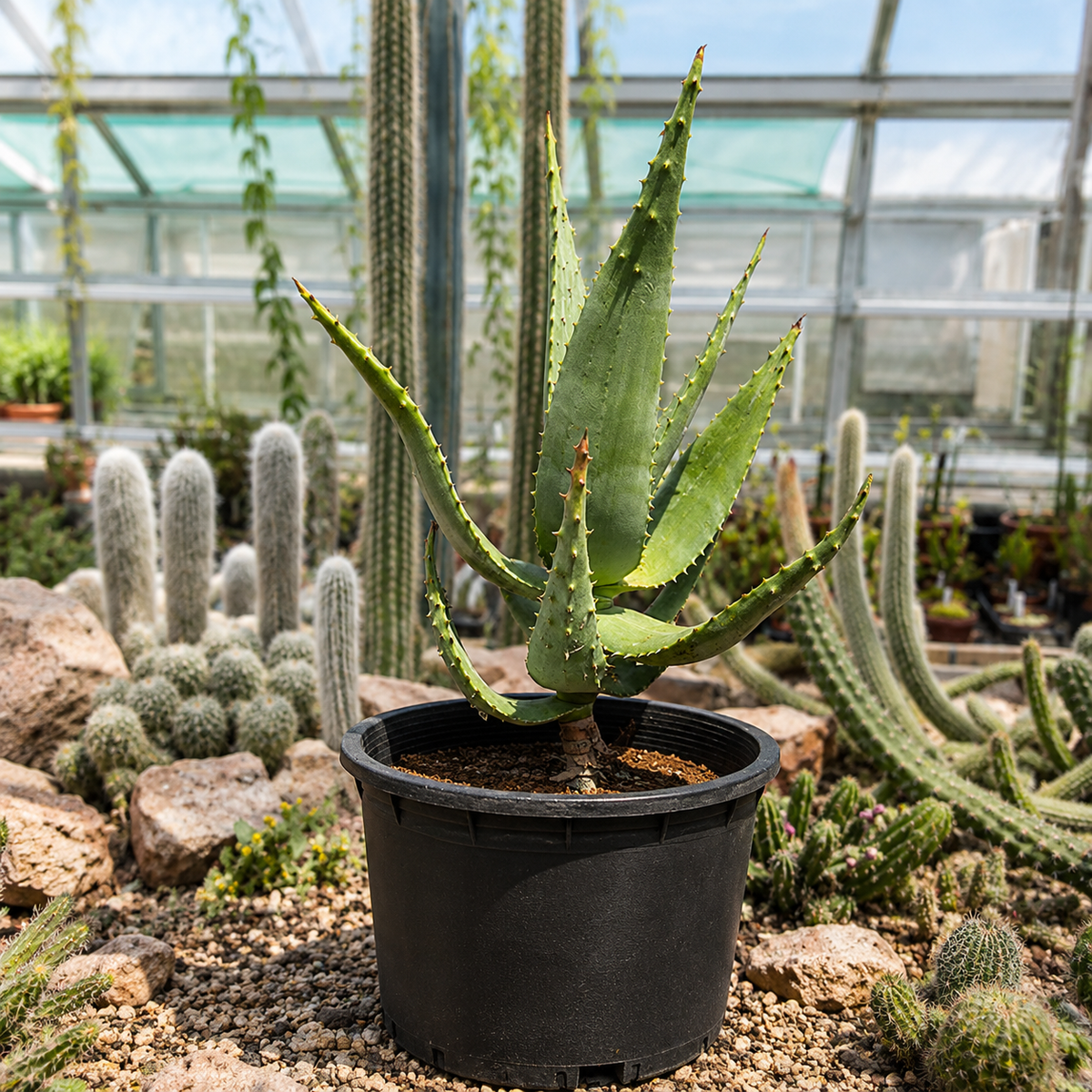 A green aloe vera plant in a black plastic nursery pot, situated in a cactus and succulent garden within a greenhouse.