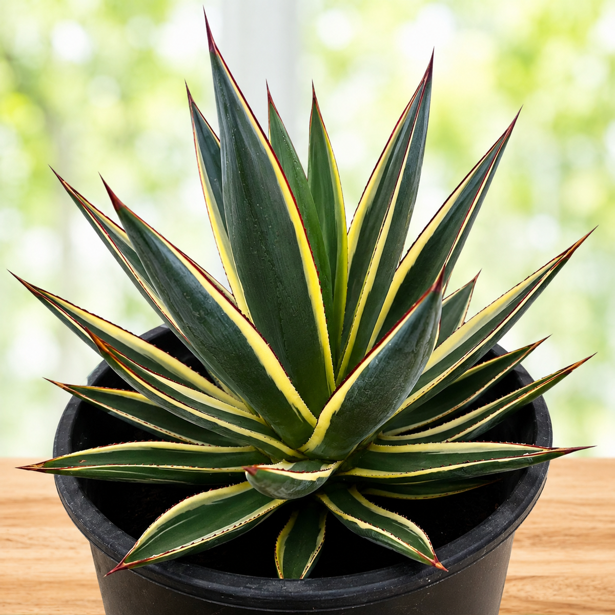 A variegated agave plant with dark green, yellow-edged, and reddish tips, potted in a black plastic pot on a wooden surface with a blurred green background.